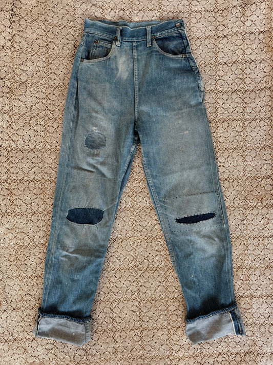 1950s Distressed + Repaired Riveted Selvedge Foremost Denim Side Zips- S