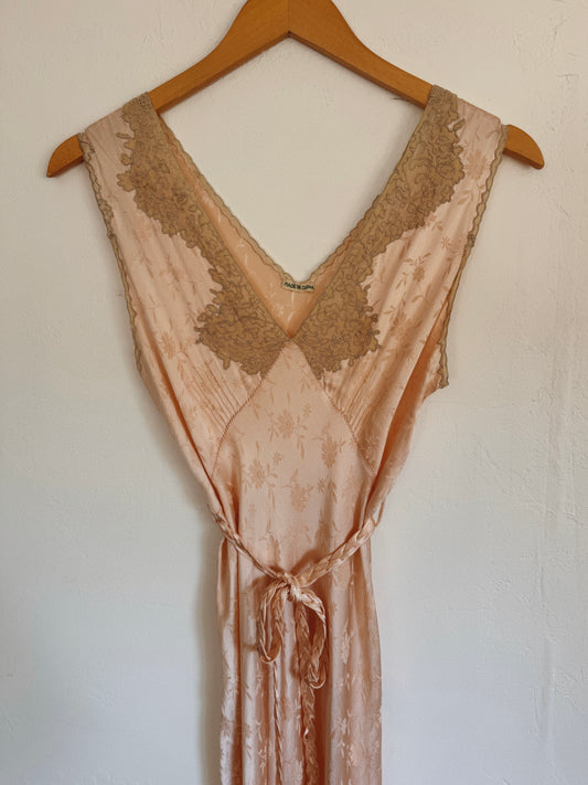 1930s Silk Floral Jacquard + Lace Slip Dress w/ Braided Sash- S-S/M