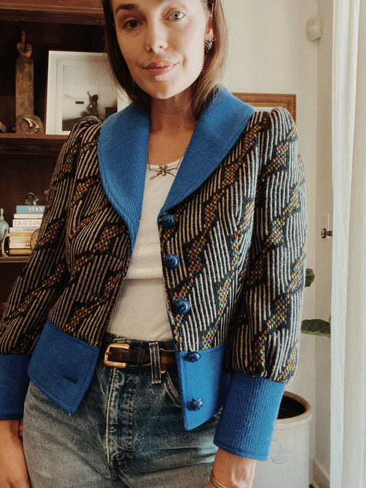 1970s does 30s Abstract Cropped Wool Jacket w/ Puffed Shoulders- S/M