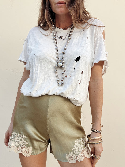 1930w Sage Charmeuse Silk + Lace Tap Shorts- S/M
