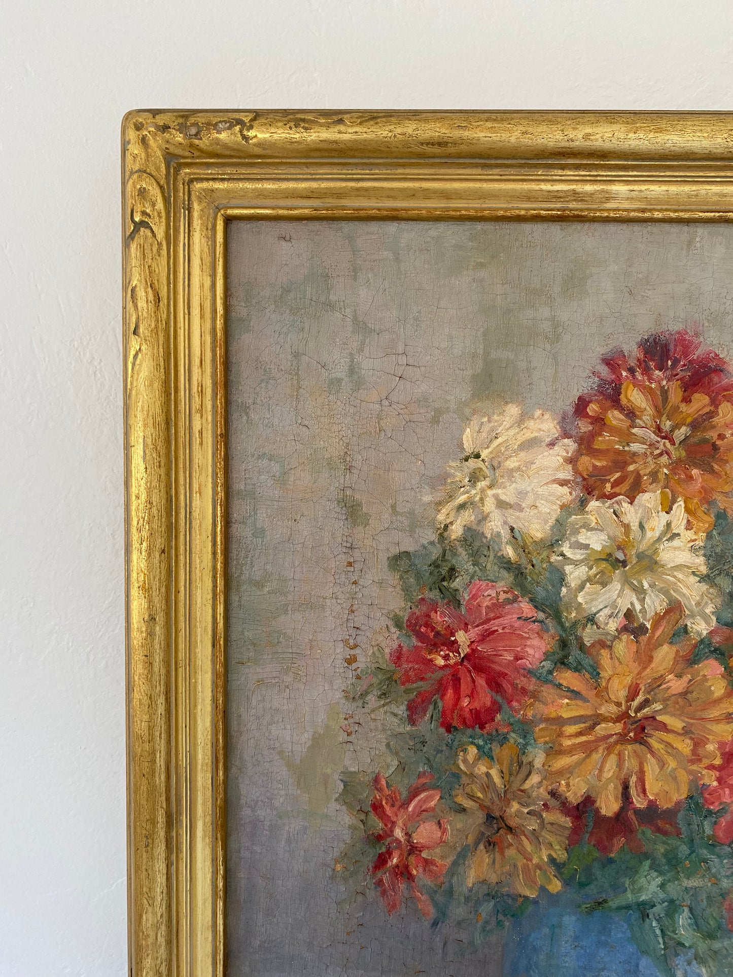 1930s Large Pink Floral Still Life of Zinnias in Gilt Frame- 23x25”