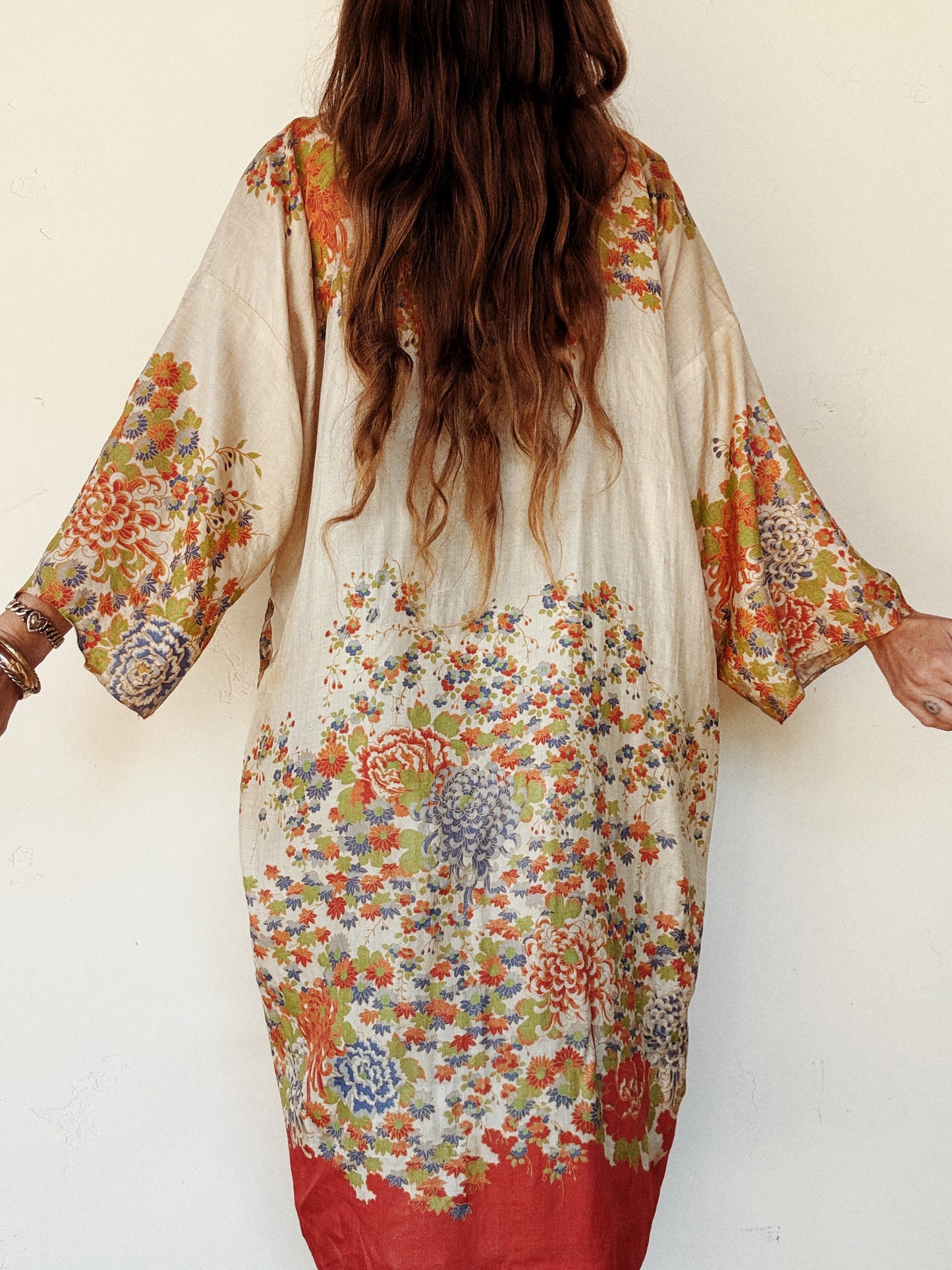 1920s Unique Chartreuse + Orange Pongee Silk Duster Robe