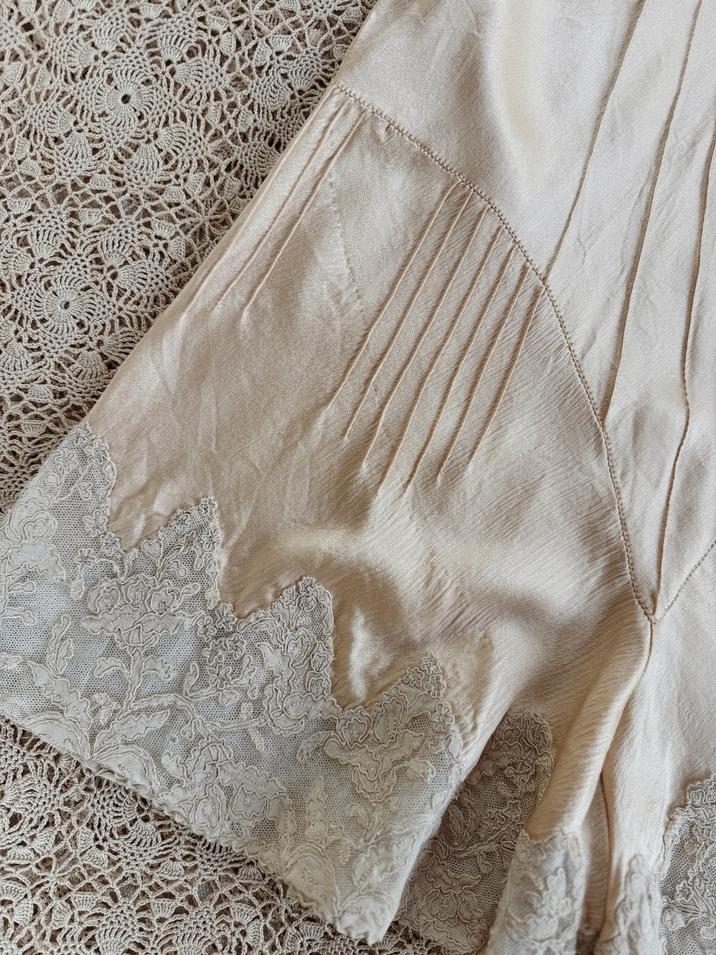 1930s Ivory Charmeuse Silk + French Lace Hand Sewn Step In- XS-S
