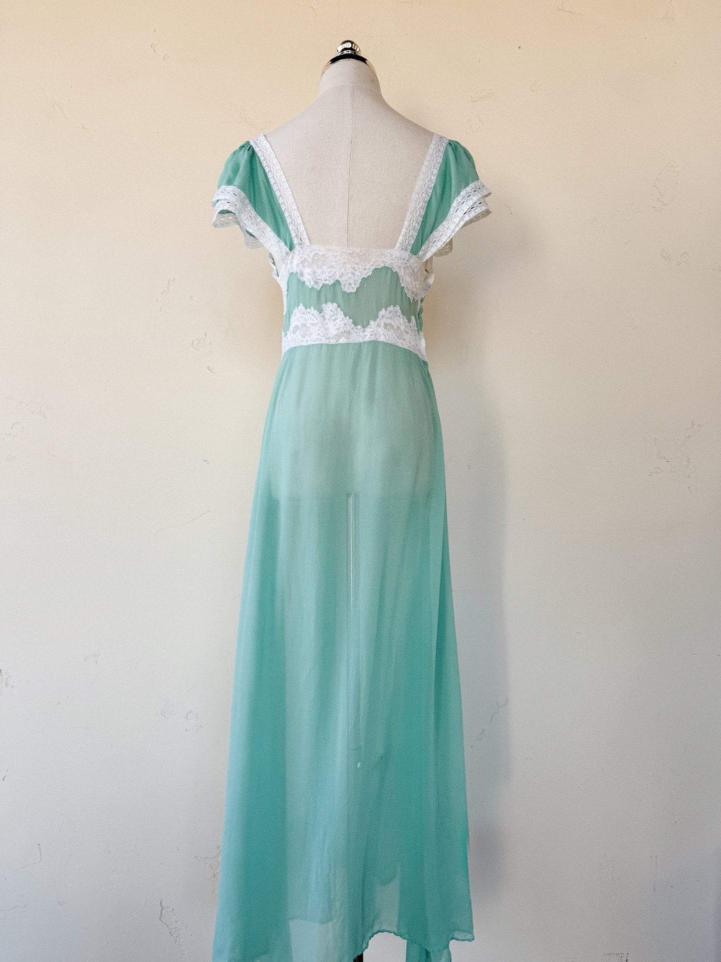 1930s Aquamarine Silk Chiffon + Lace Slip Dress- S-S/M