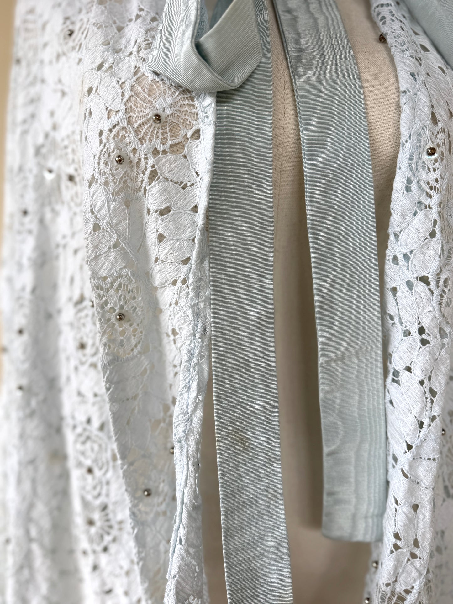 1930s Powder Blue Spider Web Lace Cape w/ Moiré Bow + Silver Ball Beads