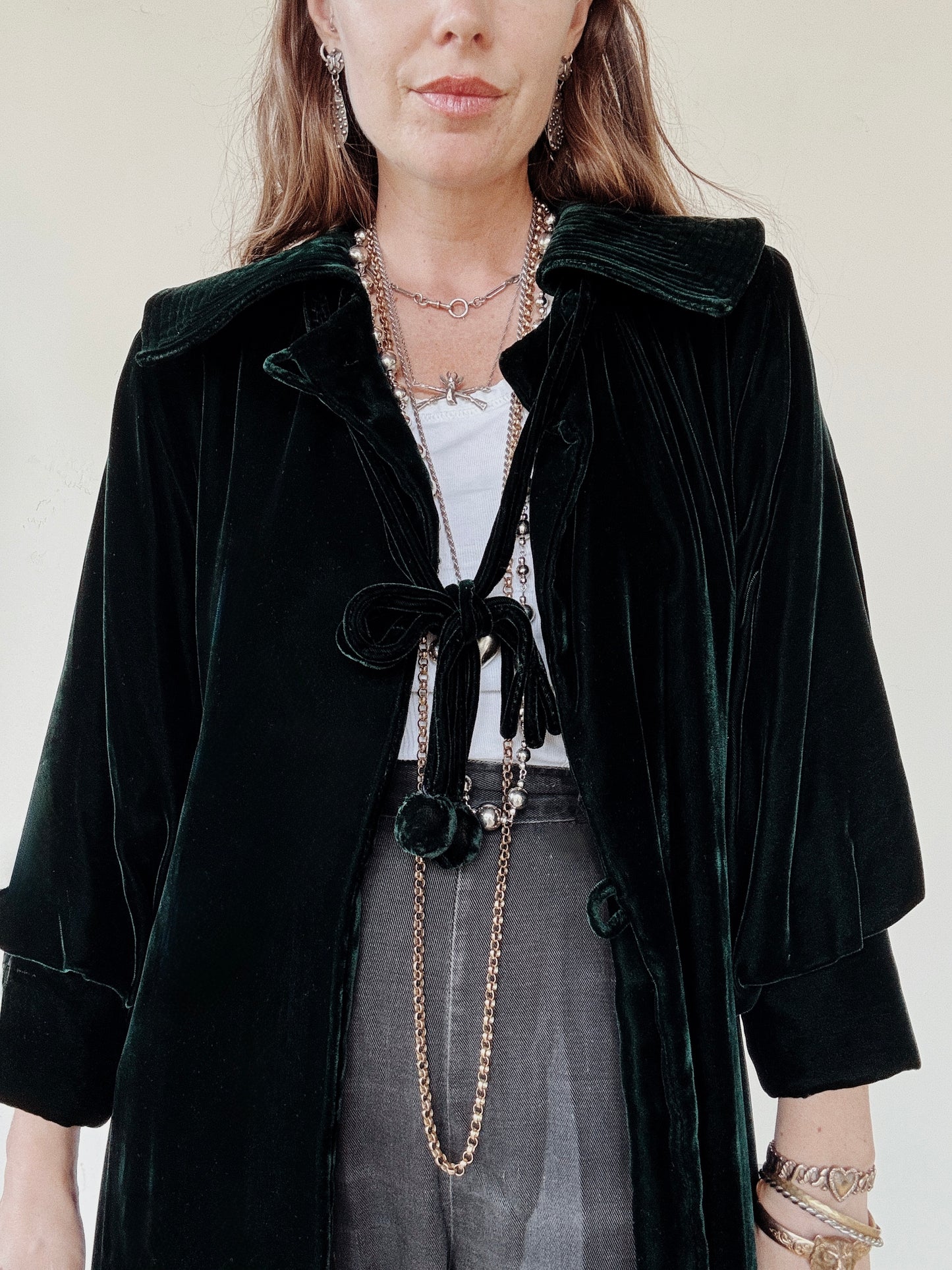 1930s/40s Emerald Green Velvet Deco Duster Coat w/ Bon Bons- S/M