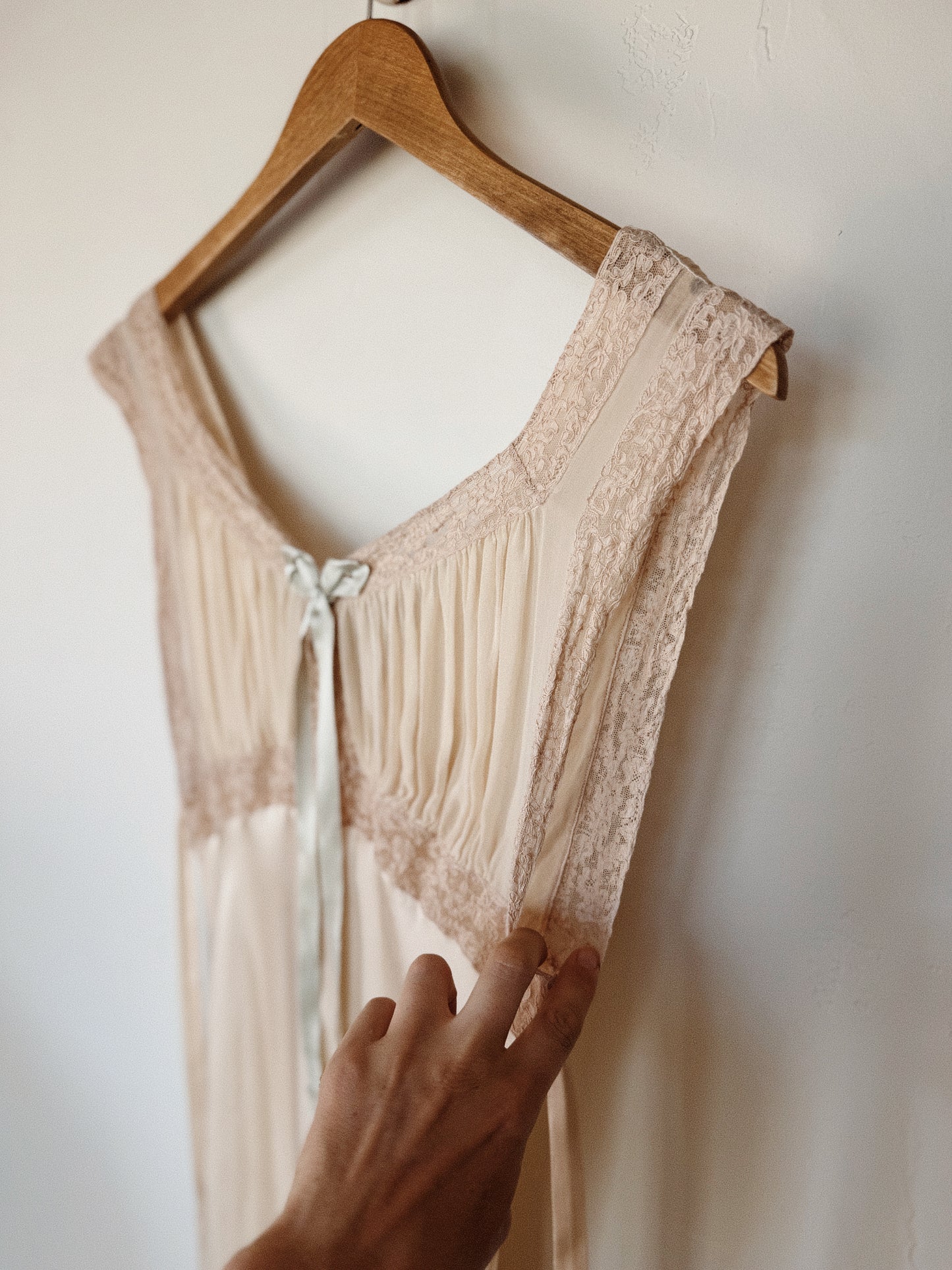 1930s Ivory Silk + Chiffon Slip Dress w/ Pale Blue Bow- XS-S
