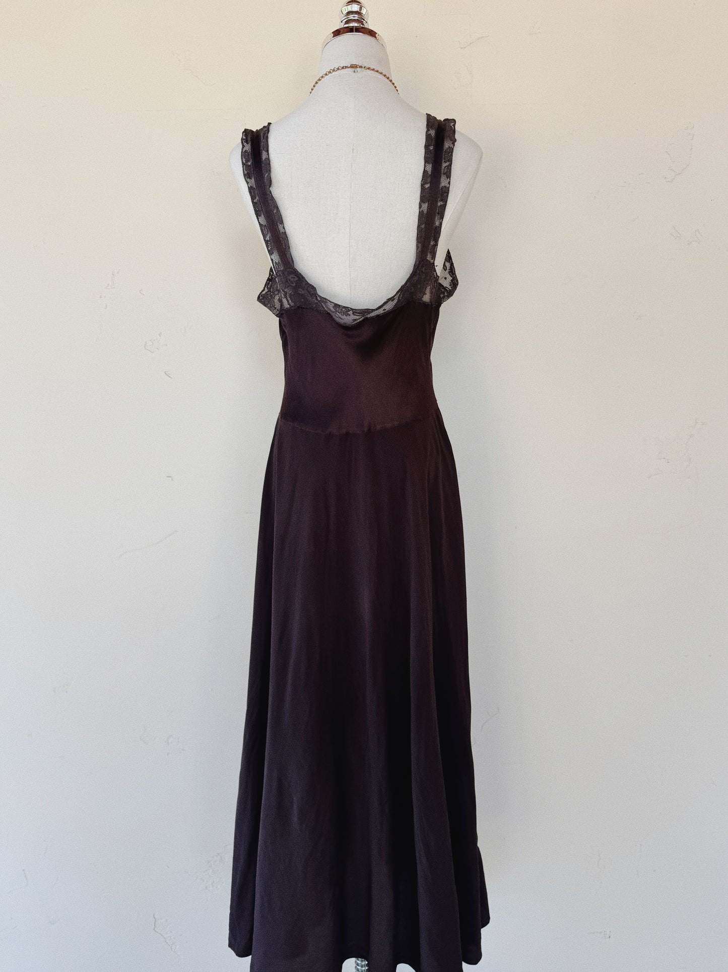 1930s Aubergine Silk Slip Dress w/ Wave Inserts + Circular Embroidery- S/M-M