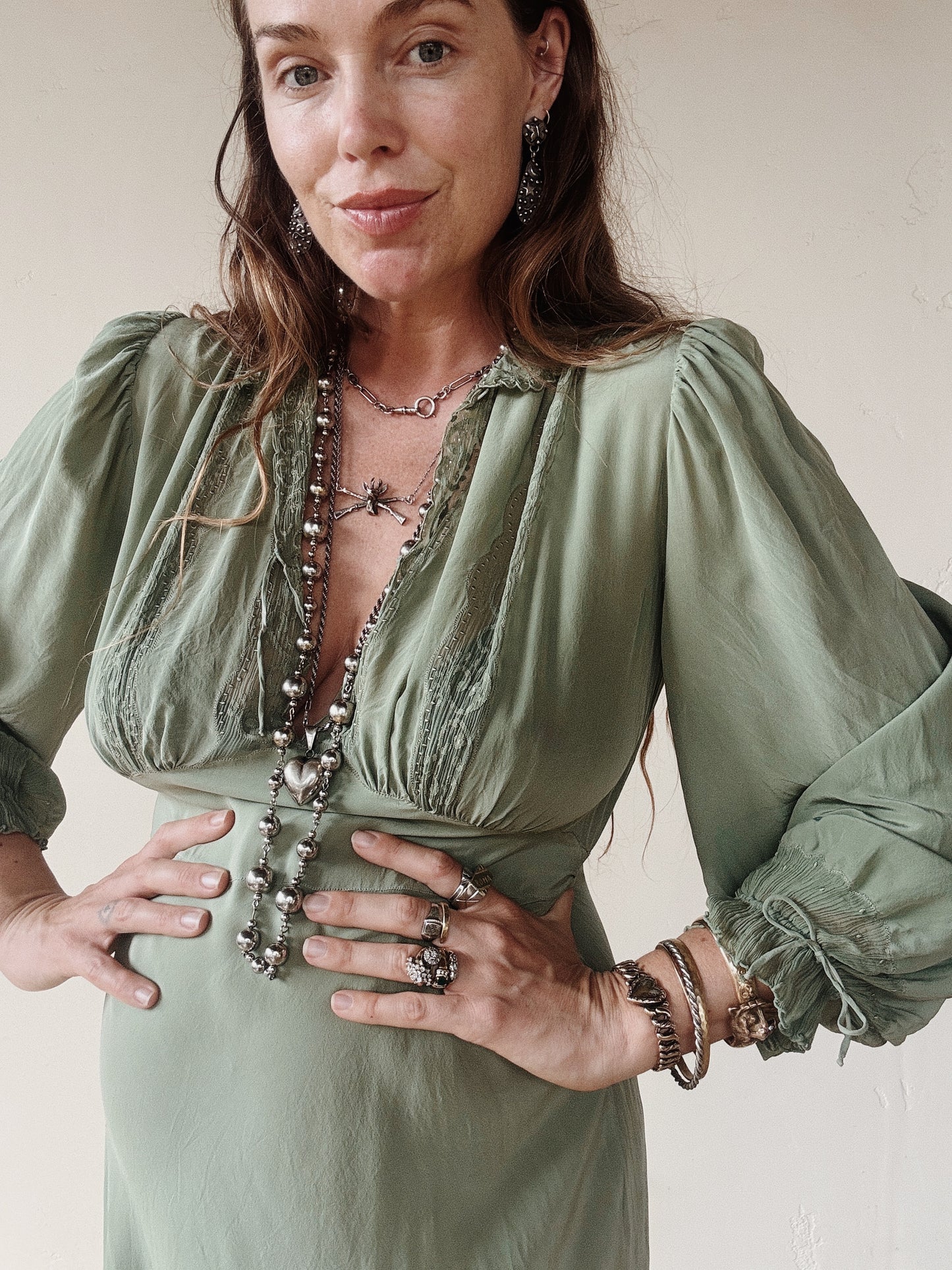 1930s Juniper Green Embroidered Silk Gown w/ Crinkle Chiffon Inserts- S-S/M
