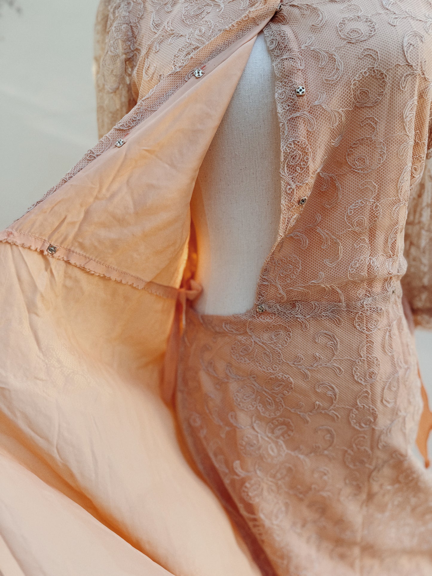 1930s Champagne + Pink Lace Dress w/ Puffed Shoulders- S/M-M