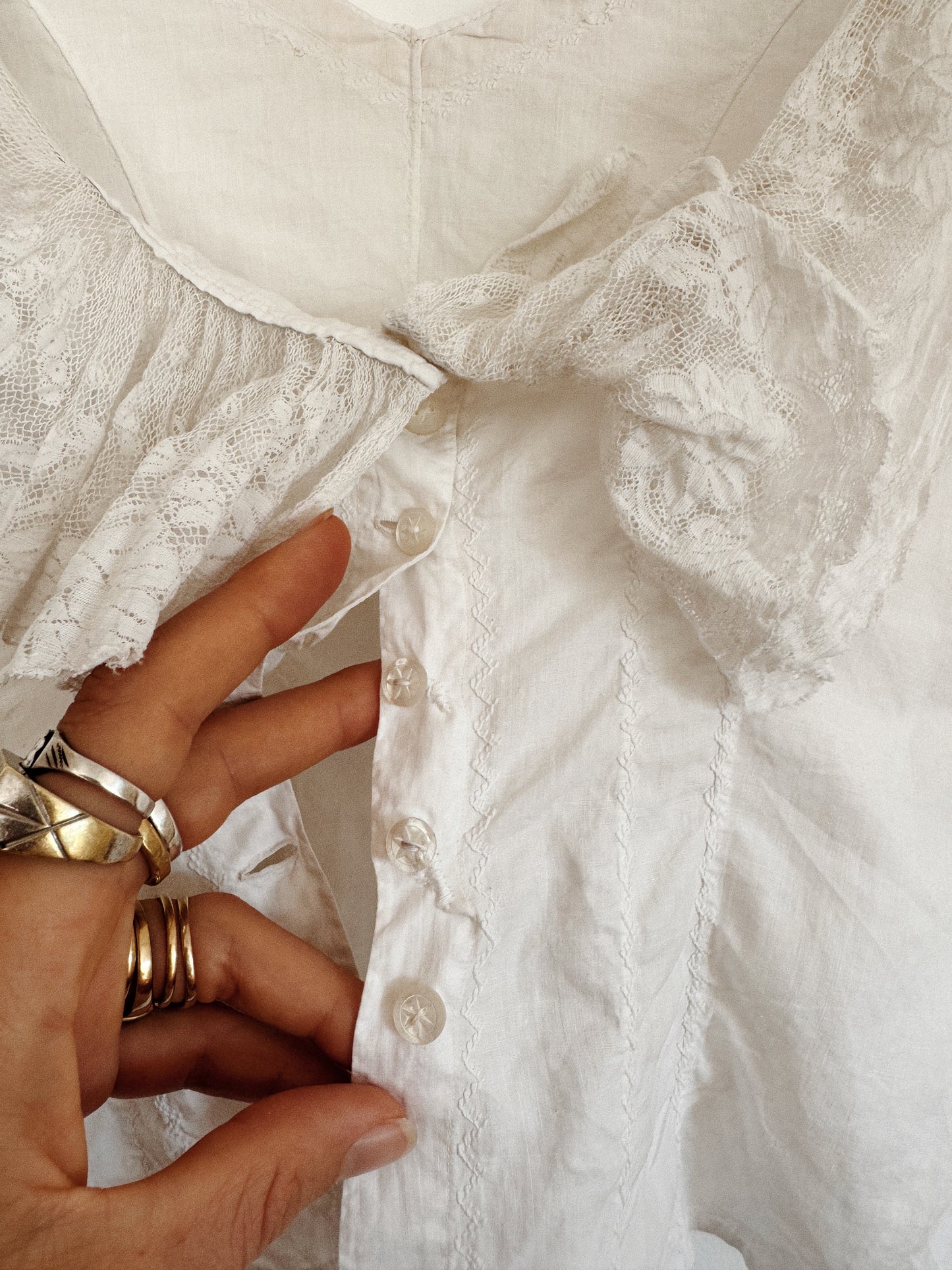 Antique Pure White Cotton + Ruffled Lace Corset Cover- S