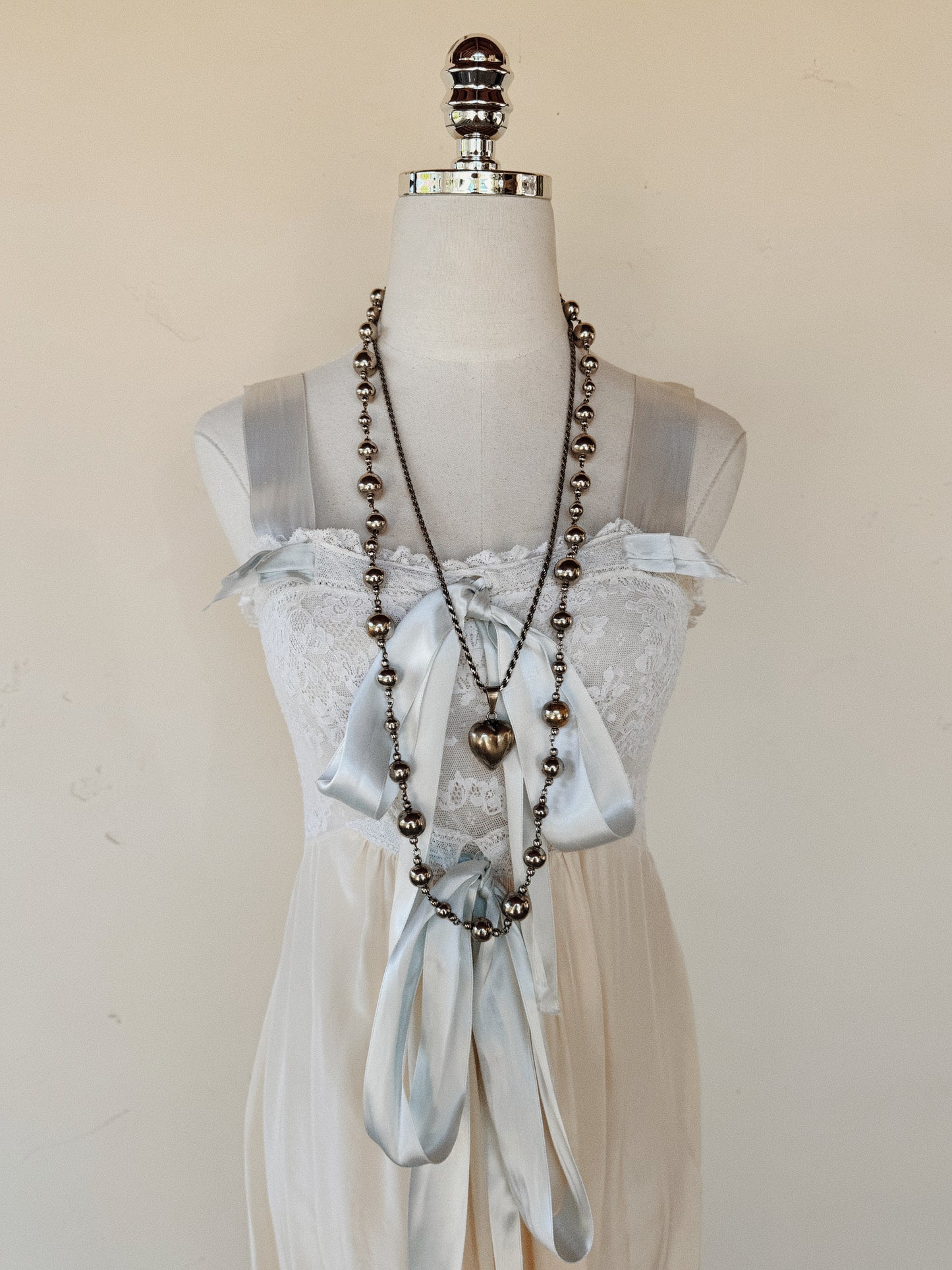 1940s Ivory Silk + Lace Slip Dress w/ Pale Blue Satin Ribbon- XS-S
