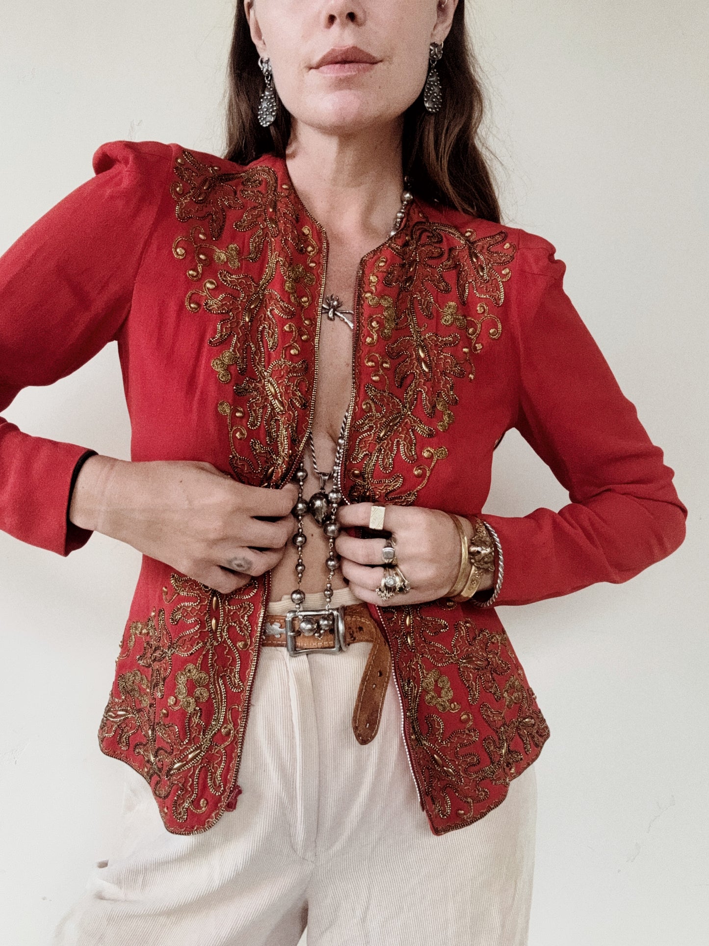 1930s Heavily Studded Muted Red Jacket w/ Gold Bullion- S/M-M