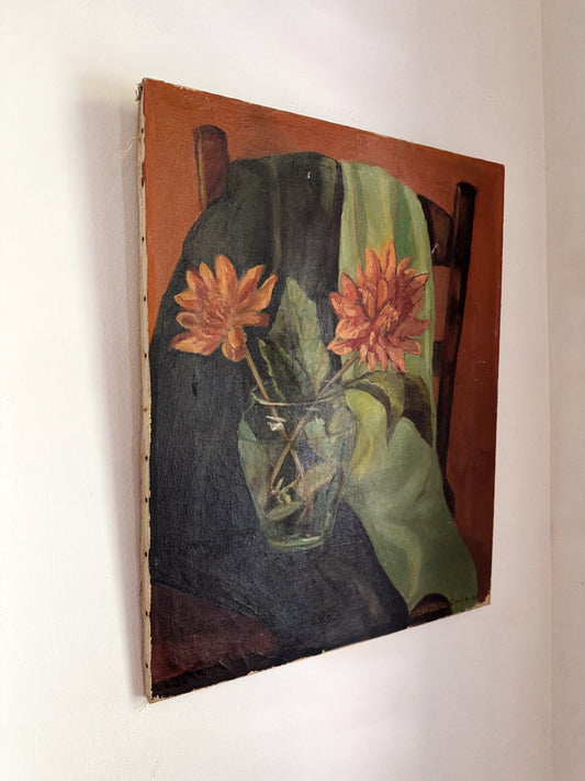 1960s Dahlia Floral Still Life - Oil on Canvas- 16 x 20”
