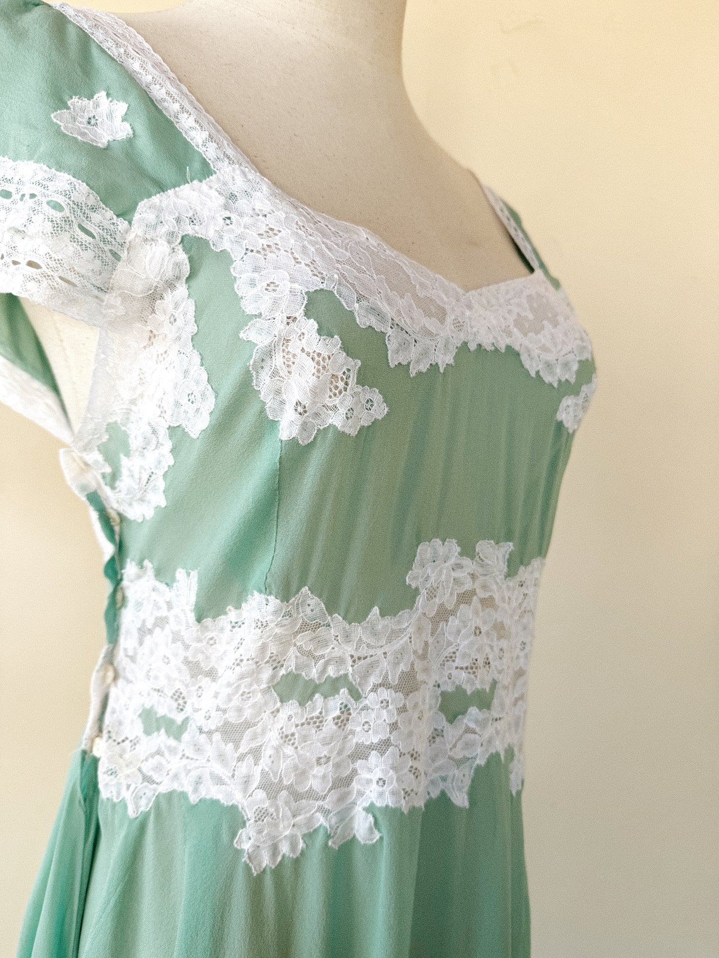 1930s Aquamarine Silk Chiffon + Lace Slip Dress- S-S/M