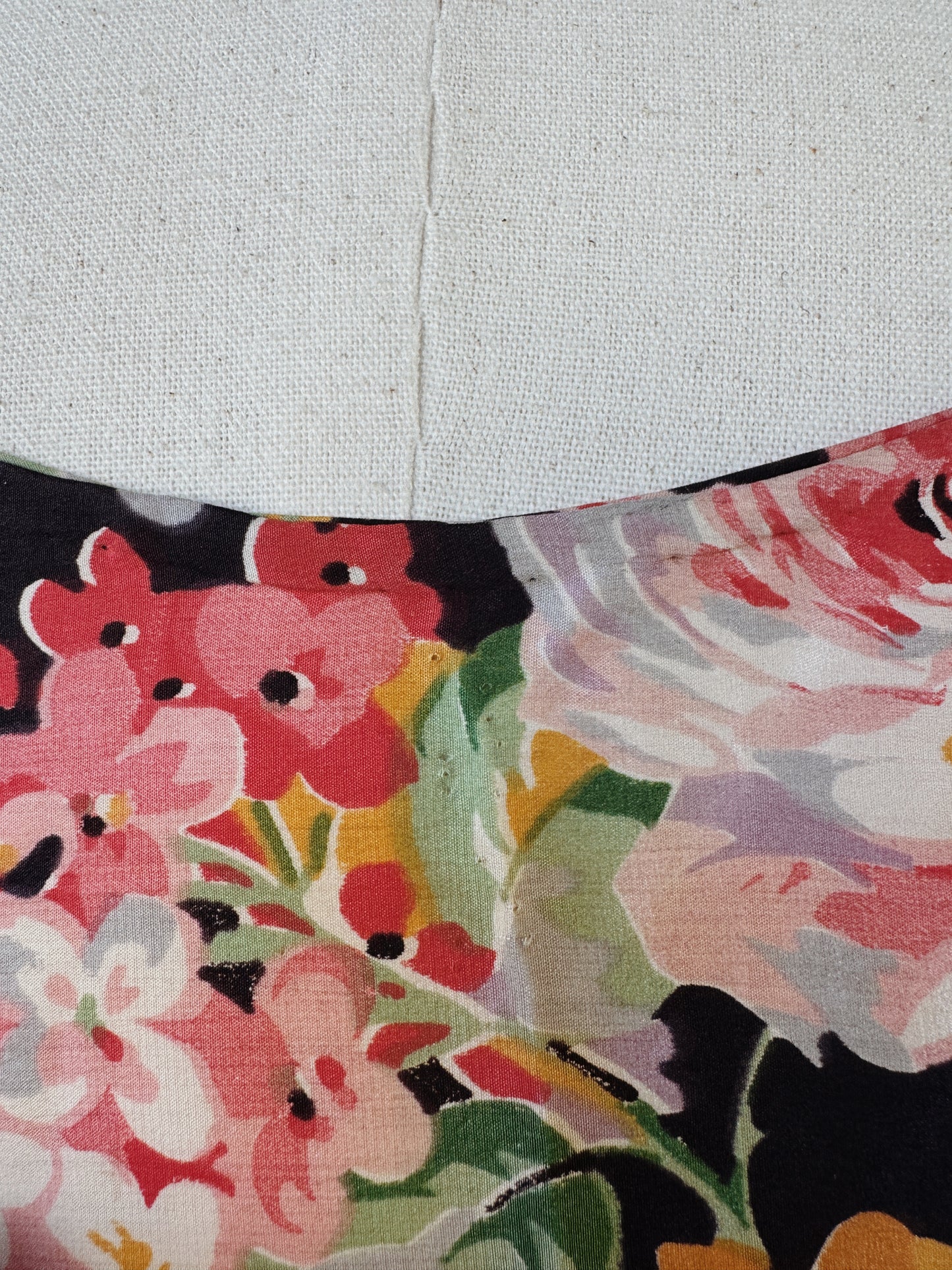 1930s Black Multicolor Floral Silk Gown w/ Mesh Trim- S/M