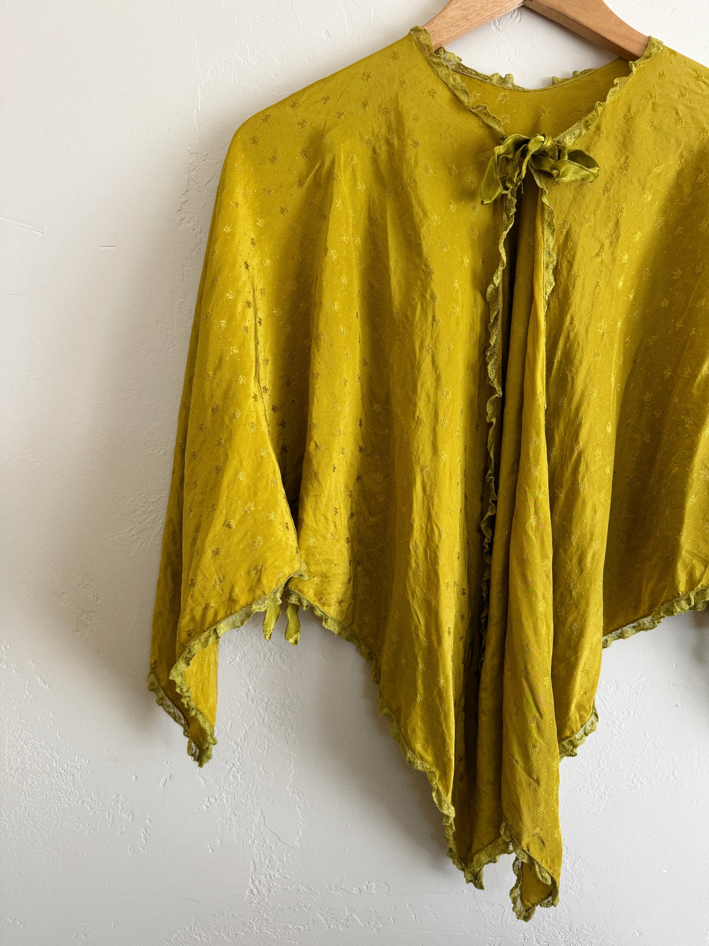 1930s Olive Silk Handkerchief Bed Jacket- S-M