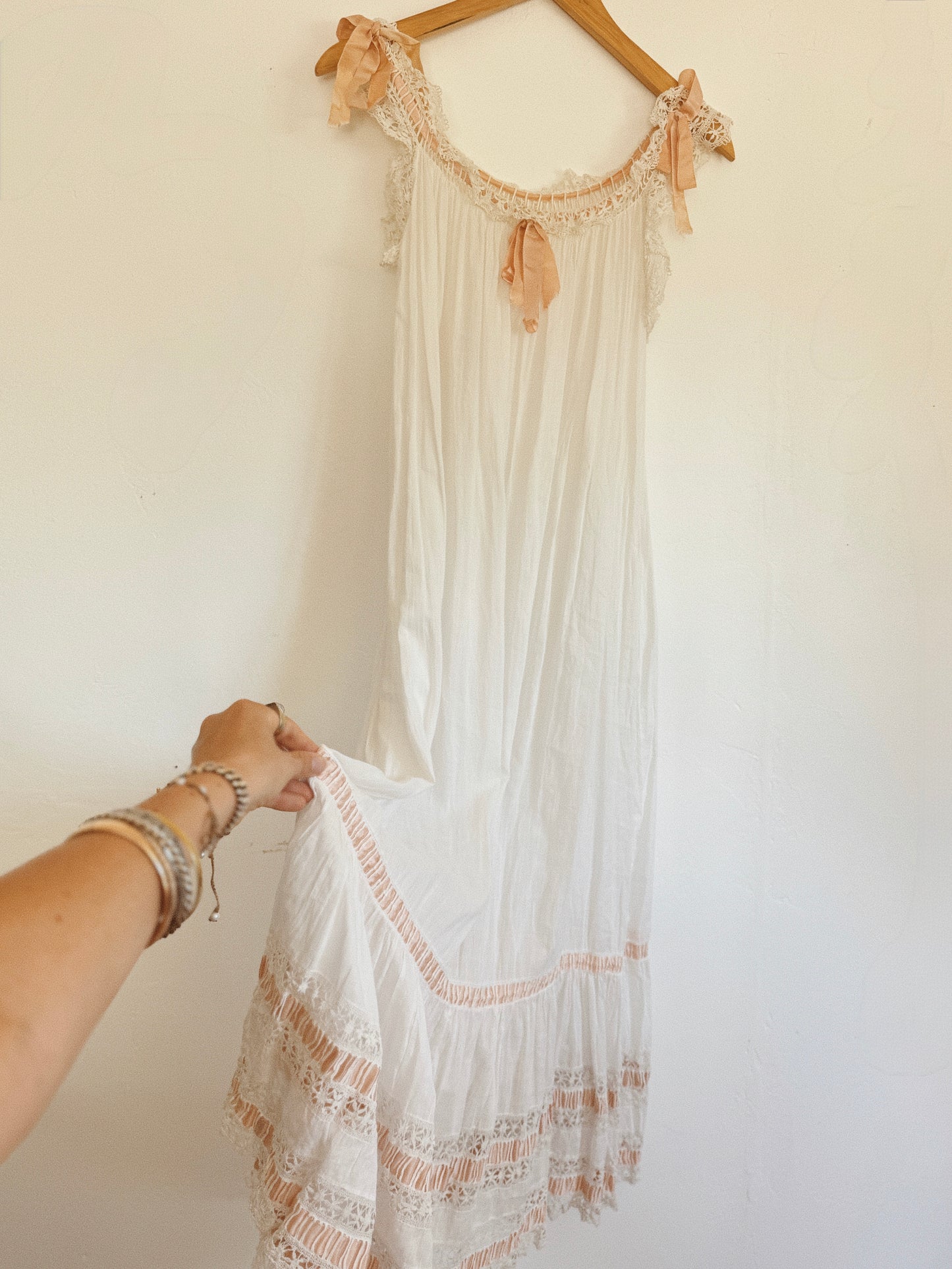 Victorian White Cotton Nightgown w/ Crocheted Trim + Pink Ribbon- XS- S/M