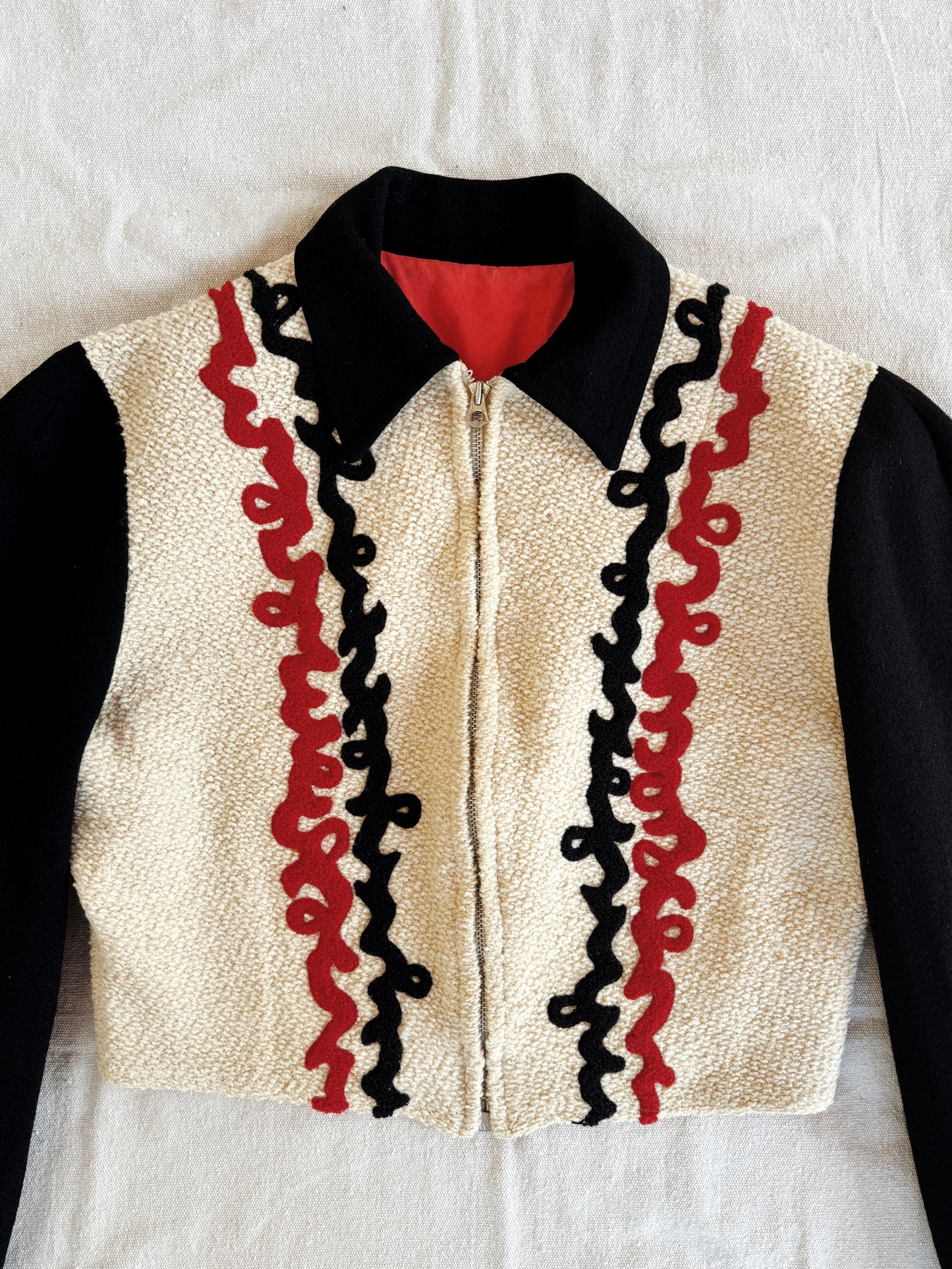 1930s Bouclé + Chenille Cropped Jacket w/ Zipper Front- M