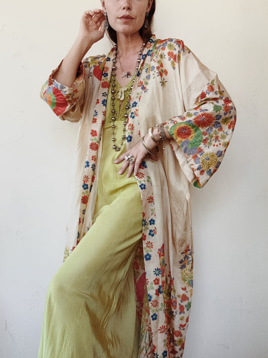 1920s Unique Pongee Silk Chrysanthemum + Lantern Duster- S/M-L