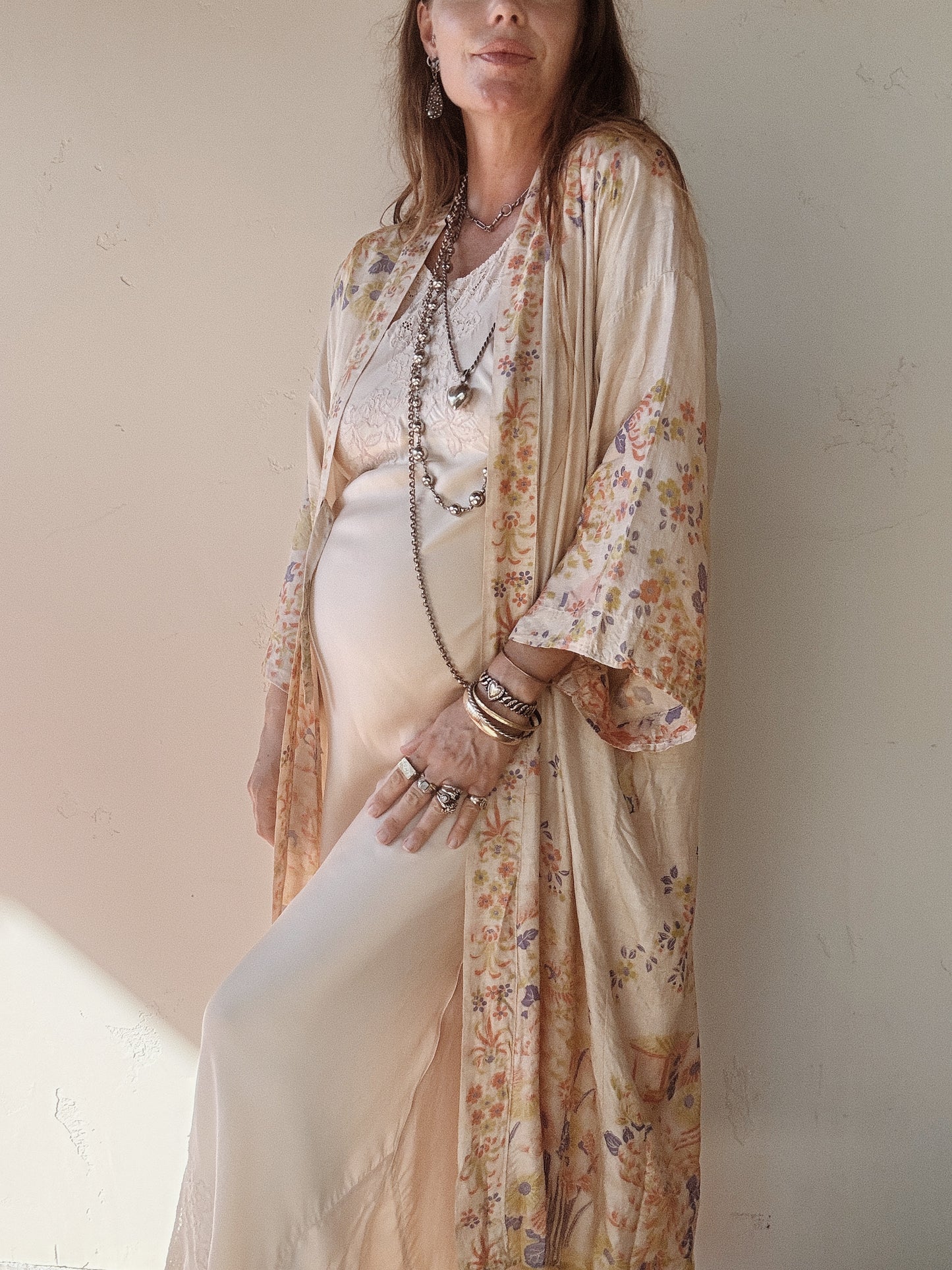 1920s Chartreuse + Periwinkle Pongee Silk Duster Robe