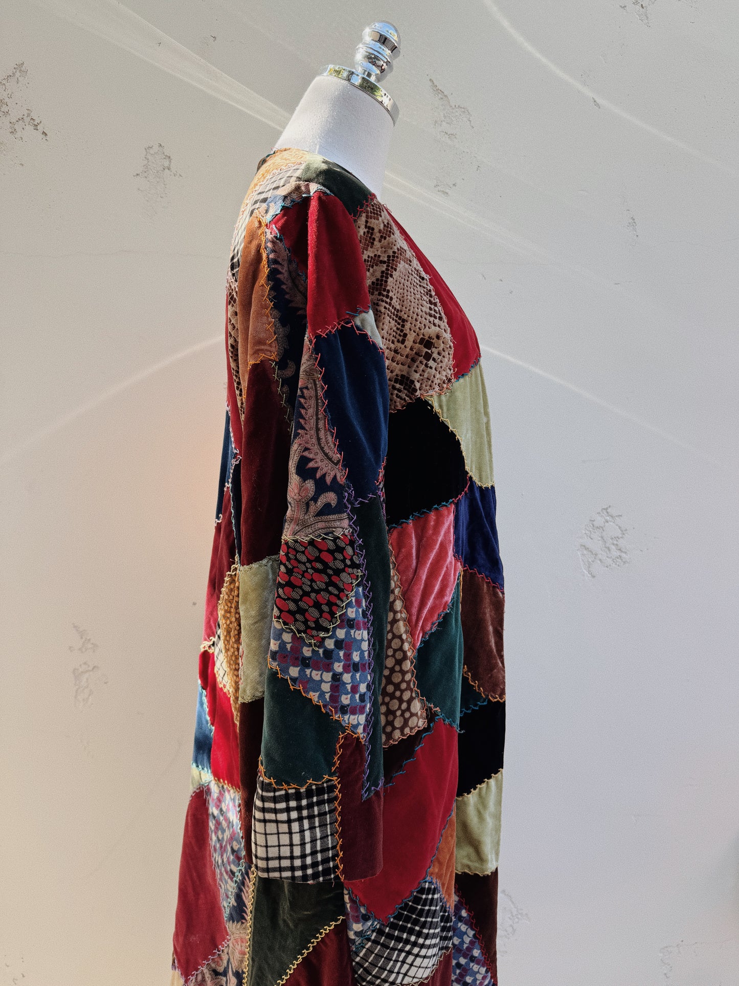 1930s/40s Velvet Crazy Quilt Patched Duster Coat