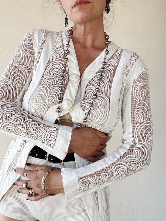 Edwardian White Linen + Net Soutache Jacket- S/M