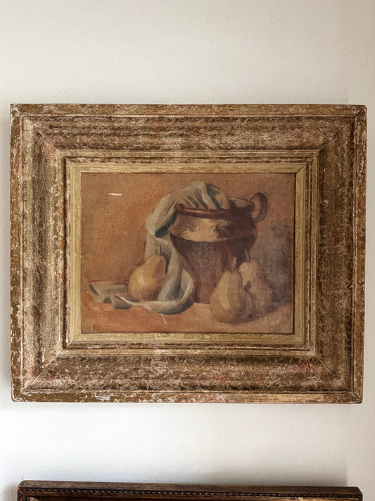 1940s Pear + Earthenware Kitchen Still Life. Oil on Board- 15 x 18”