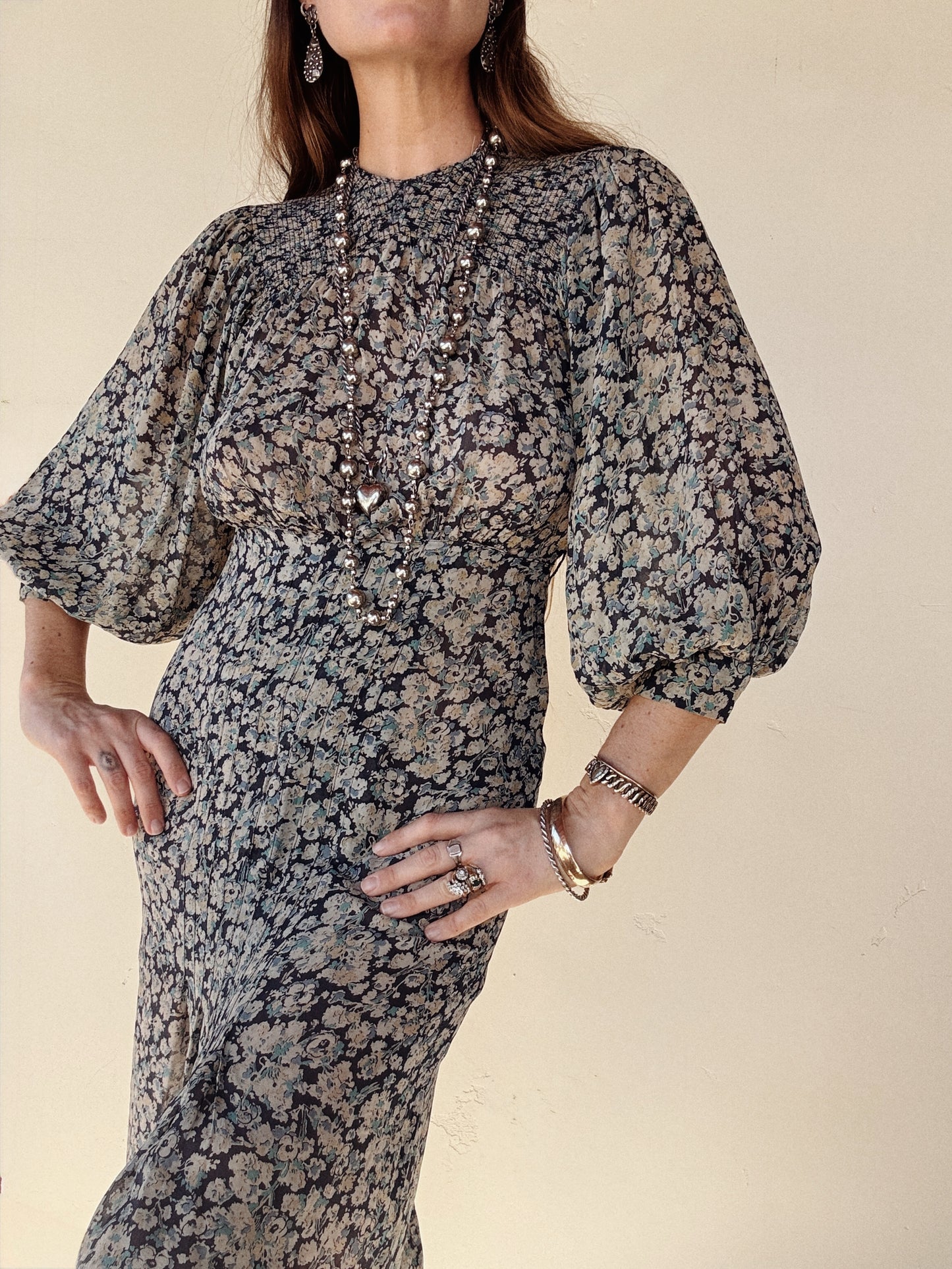 1930s Blue Floral Silk Chiffon Day Dress w/ Balloon Sleeves- S