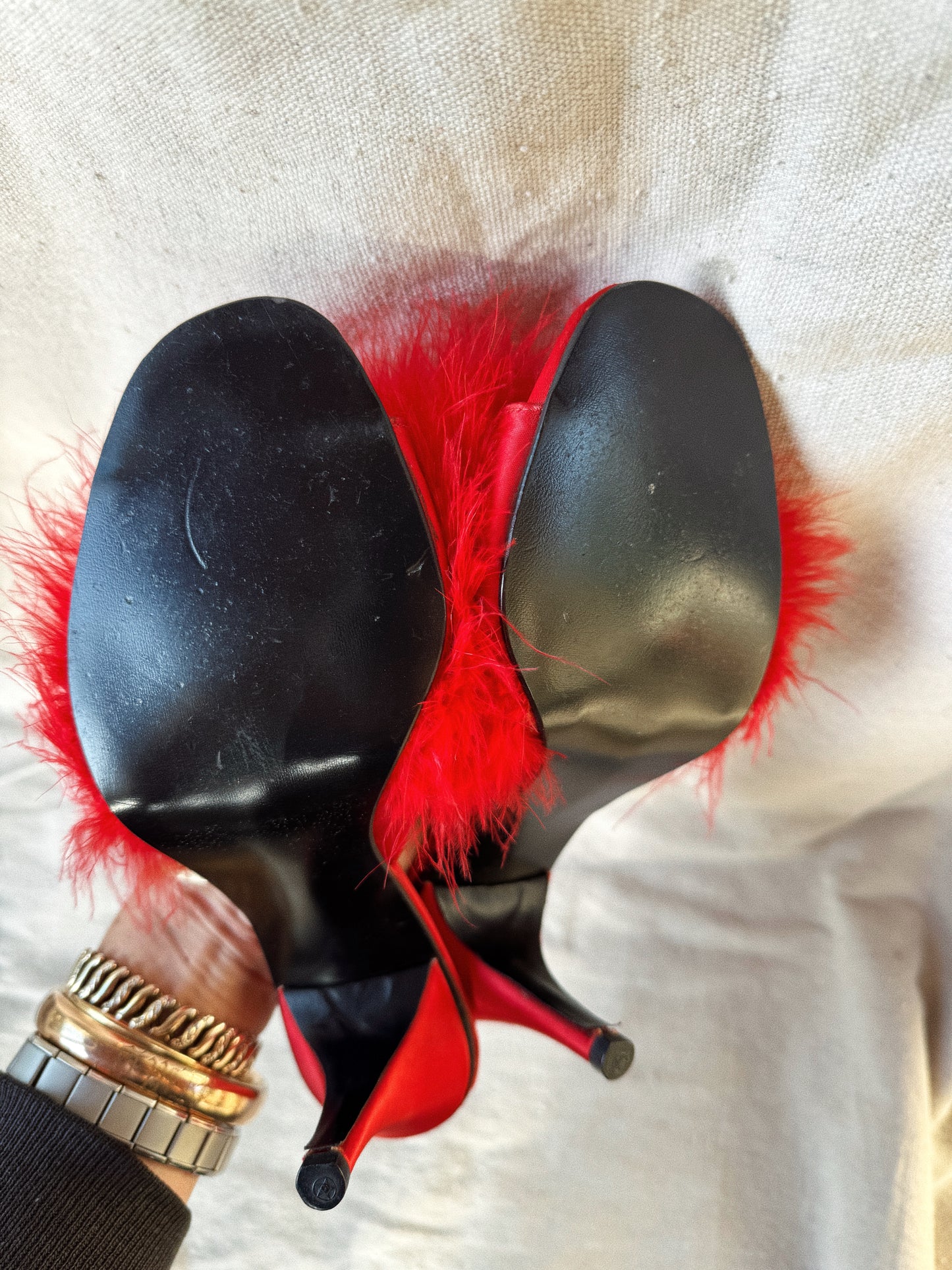 1950s Fire Red Marabou Feather Boudoir Satin Heels- 8