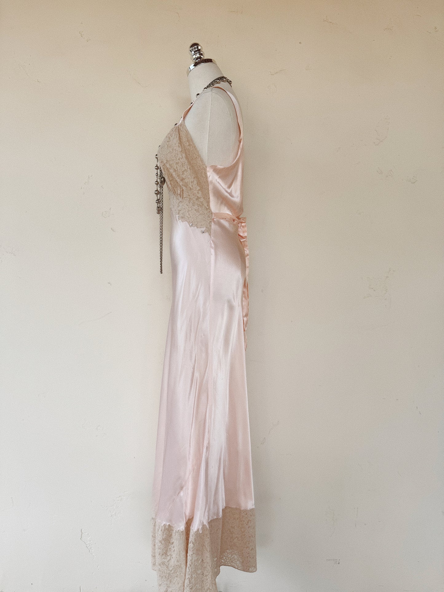 1930s/40s Pale Pink Liquid Satin + Lace Gown w/ Rhinestones- S/M