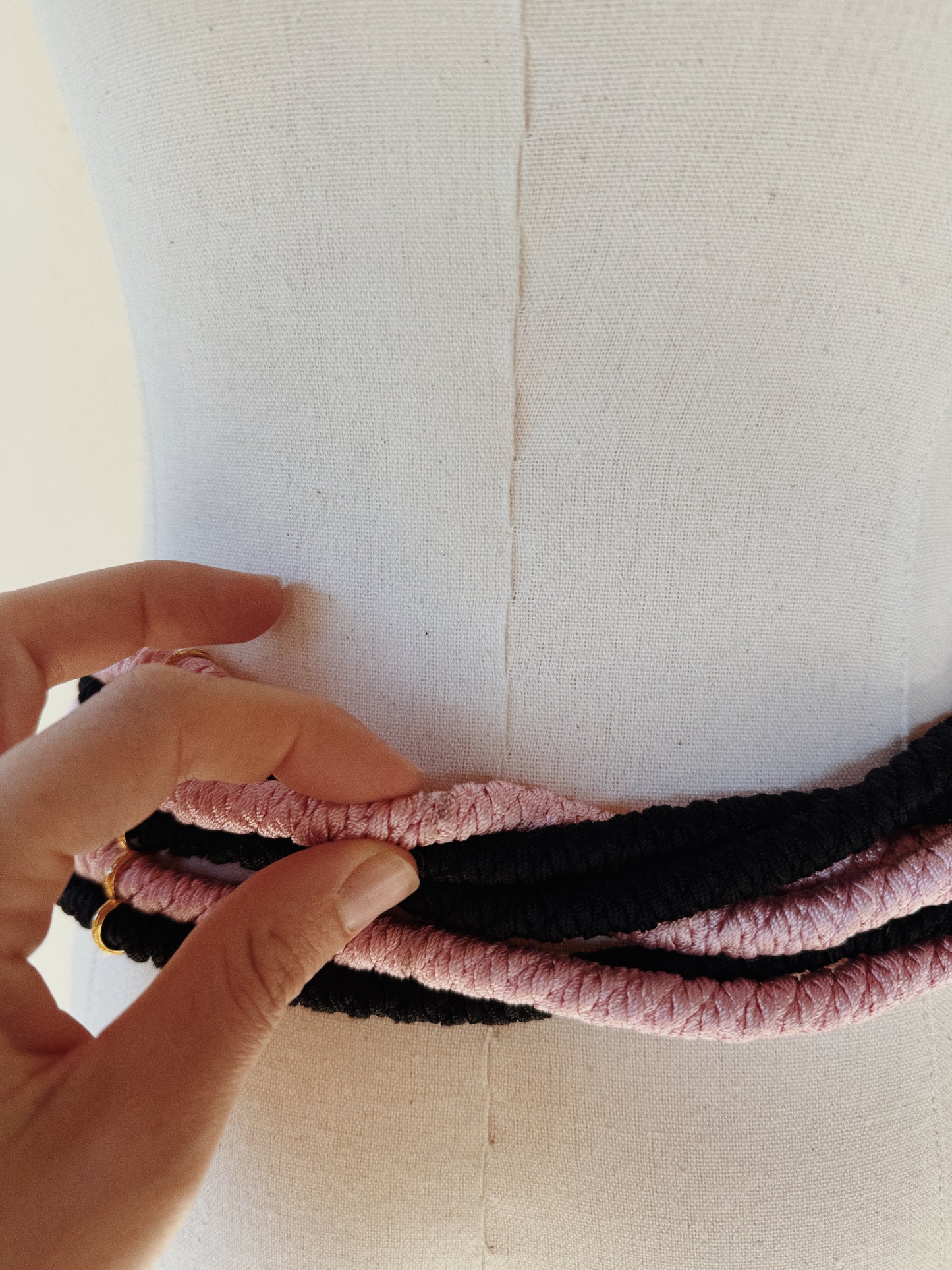 1980s YSL Pink + Black Corded Belt w/ Enamel Buckle- M/L