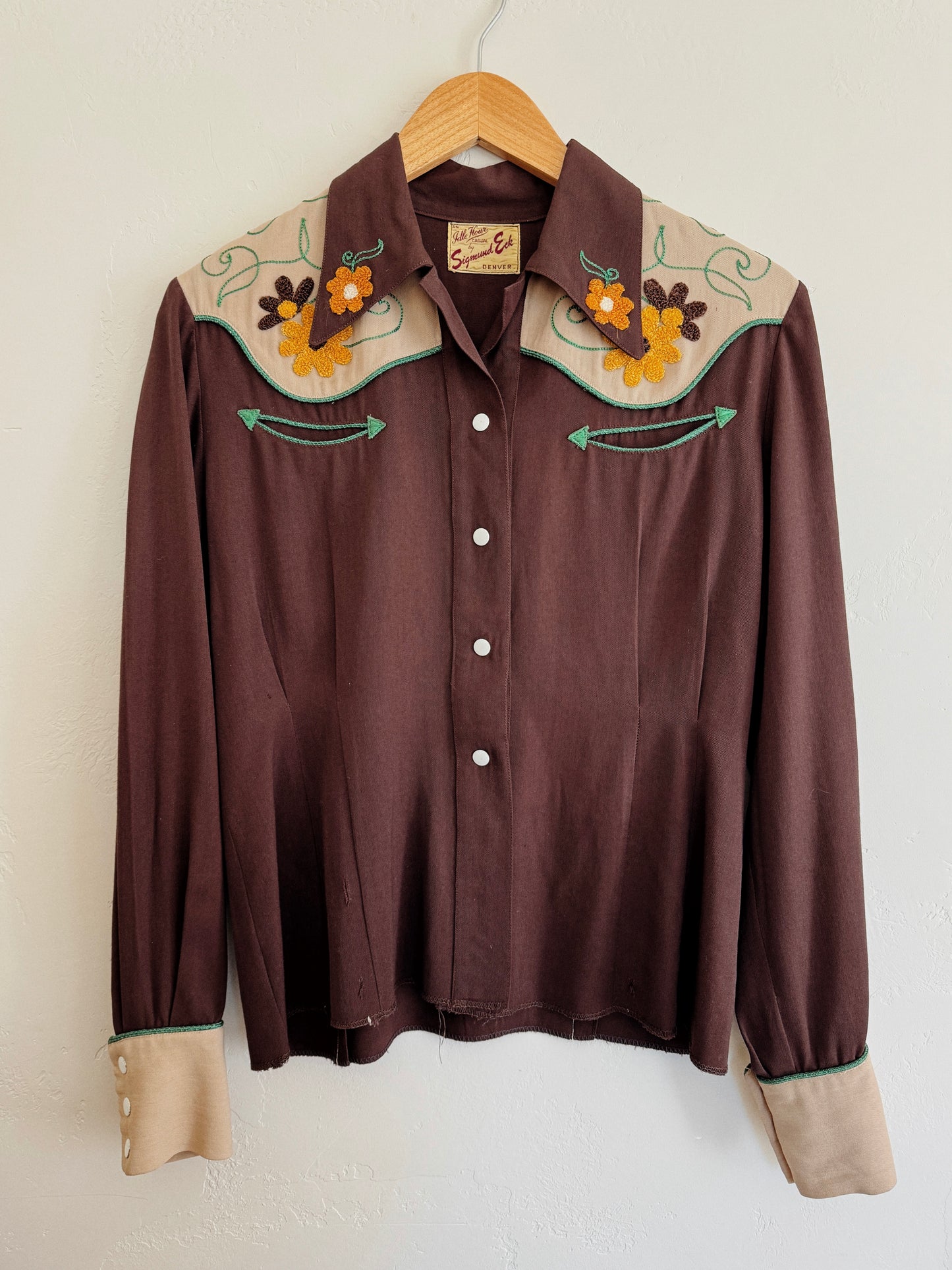 1940s Brown Daisy Gabardine Western Top- M