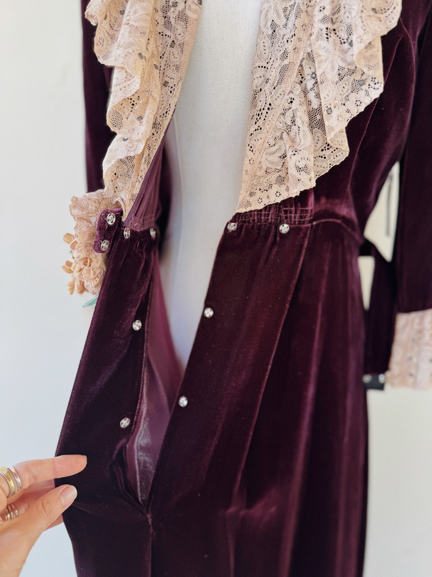 1930s/40s Aubergine Velvet + French Lace Dress w/ Rhinestones- S/M