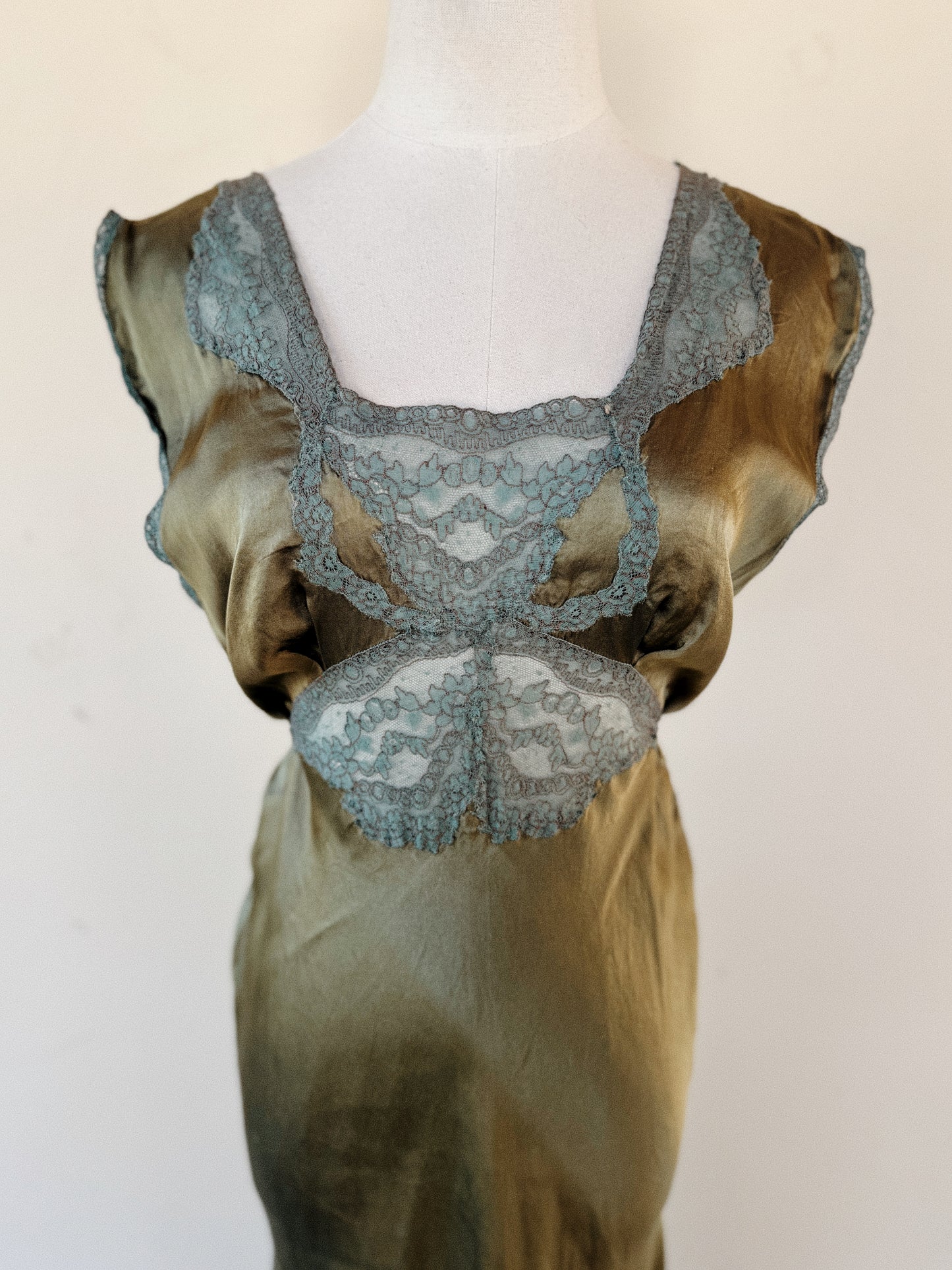 1930s Moss Green Silk Satin Slip Dress w/ Fishtail Hem- S/M-M