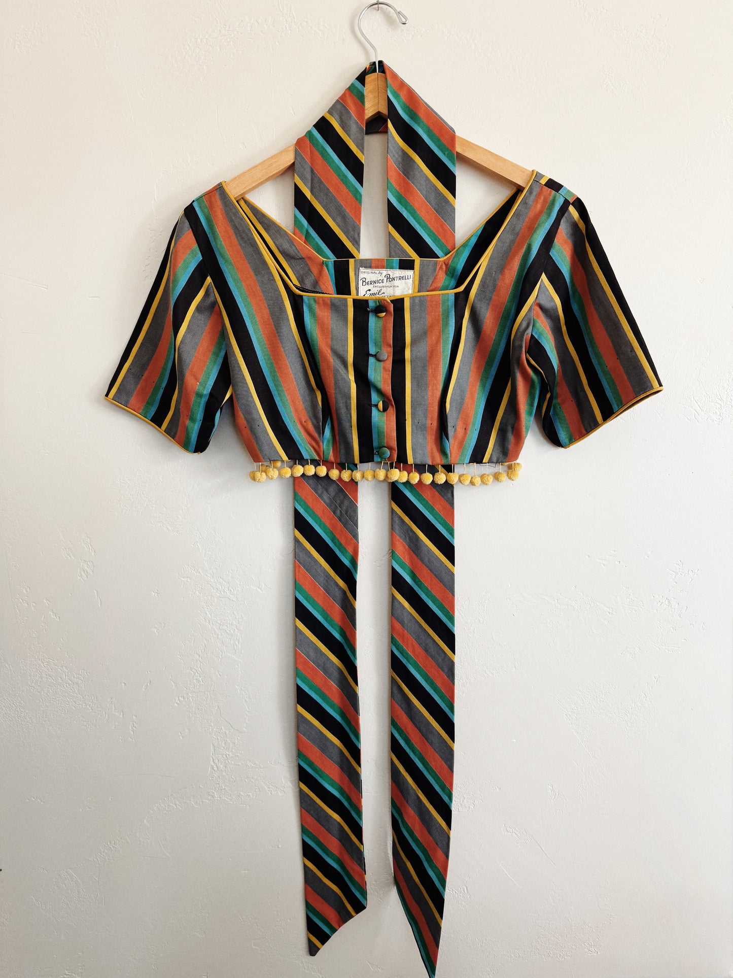 1940s/50s Striped Cropped Top w/ Pom Poms- S