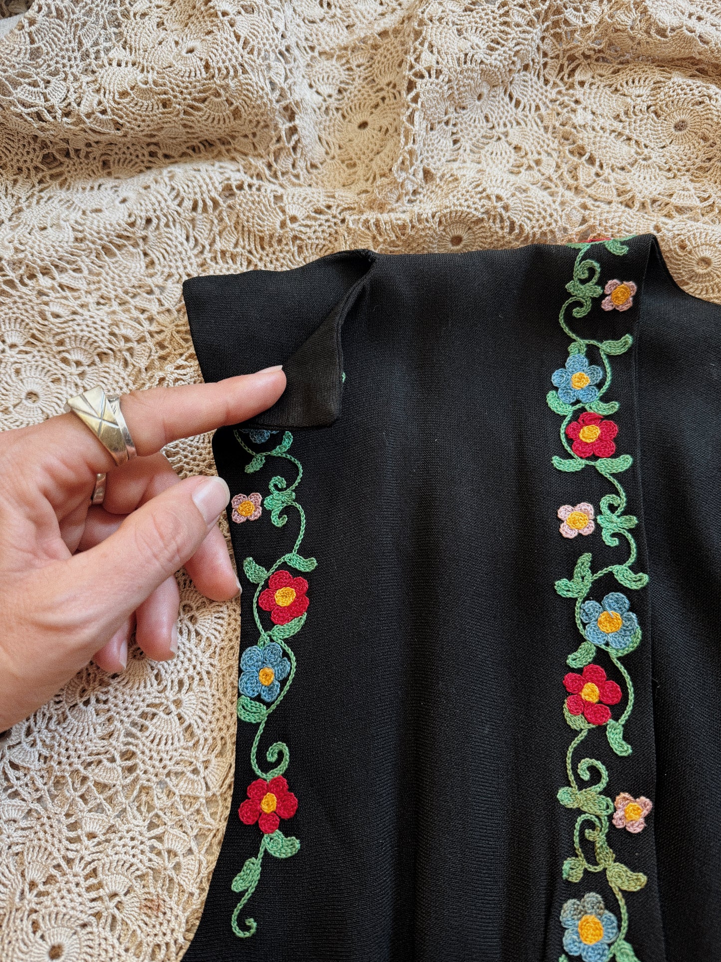 1940s Black Floral Embroidered Cropped Peplum Blouse- S-S/M