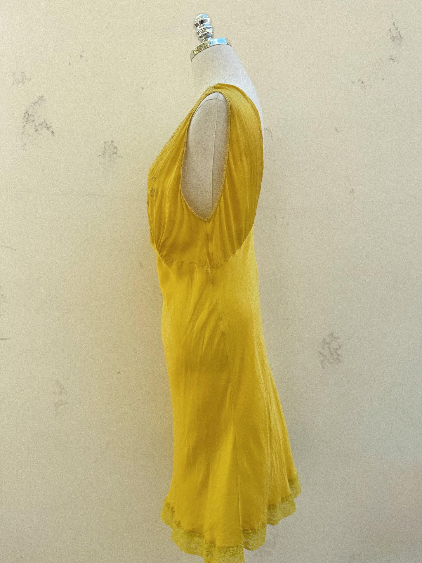 1930s Electric Mustard Silk Slip Dress w/ Floral Lace Inserts- M