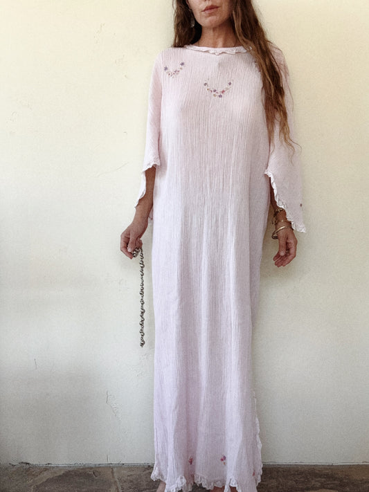 1920s Petal Pink Plissé Pleat Goddess Nightgown- M-L