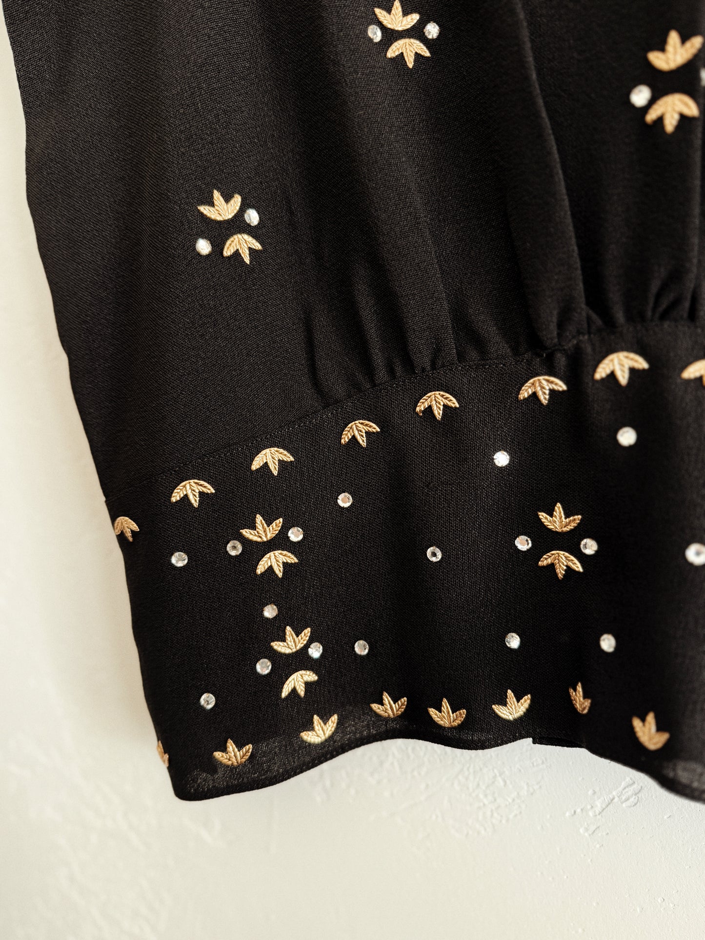 1930s Black Leaf Stud + Rhinestone Cropped Crepe Blouse- S/M
