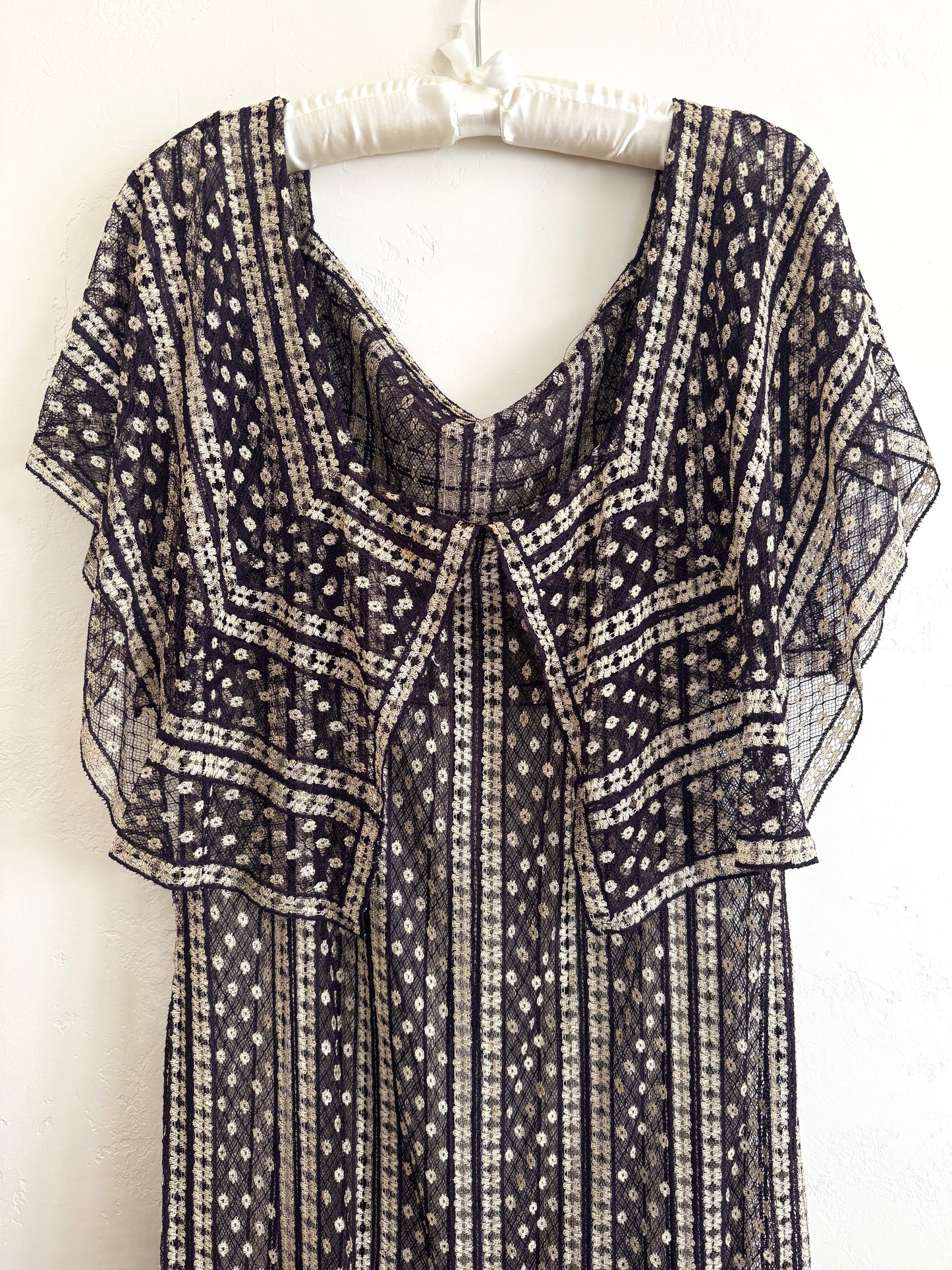 1920s/30s Purple + Cream Net Dress w/ Large Caplet Collar- M-L