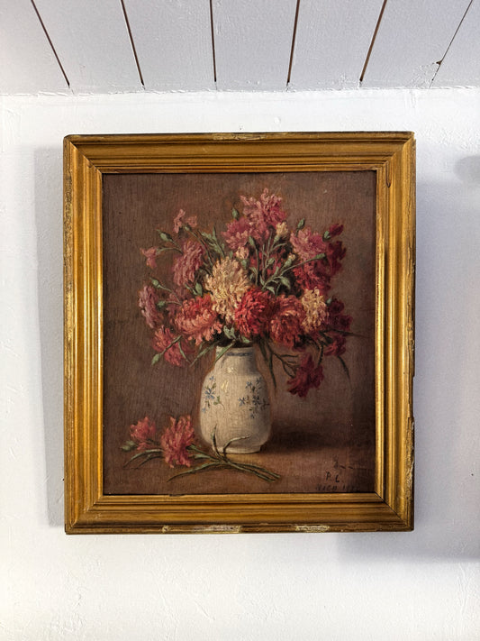 1920s Floral Still Life in Gilt Frame Oil on Wood- 18 x 16”