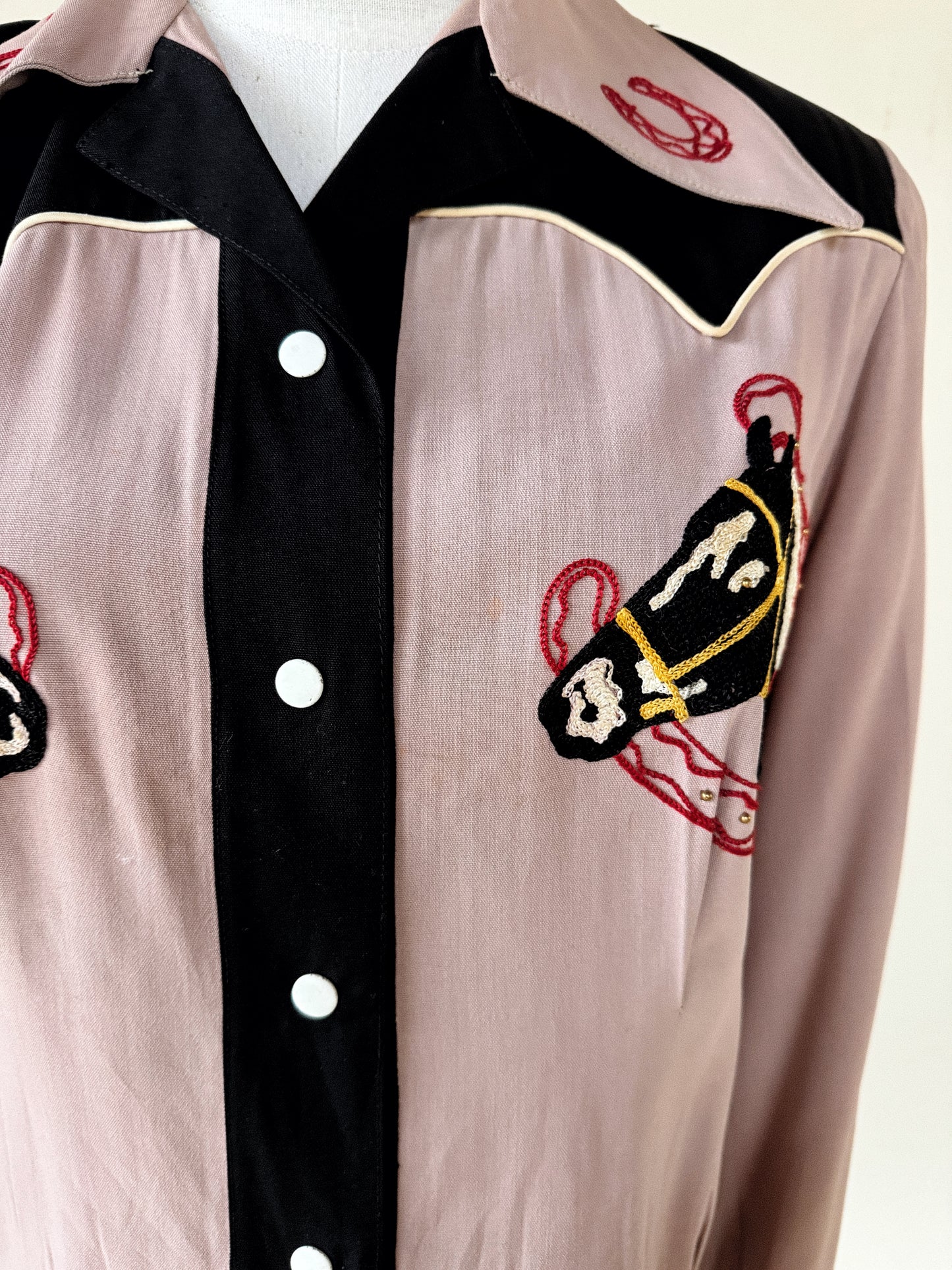 1940s Mauve + Black Horse Chain Stitched + Studded Top- S/M