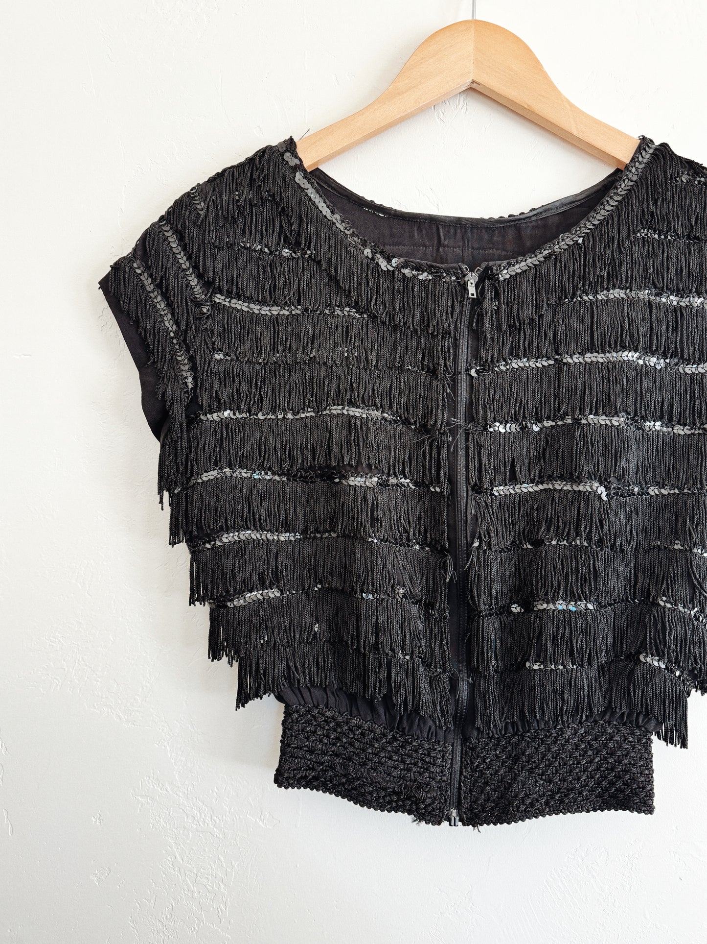 1930s Rare Zipper Front Fringe Cropped Top w/ Sequins- S/M