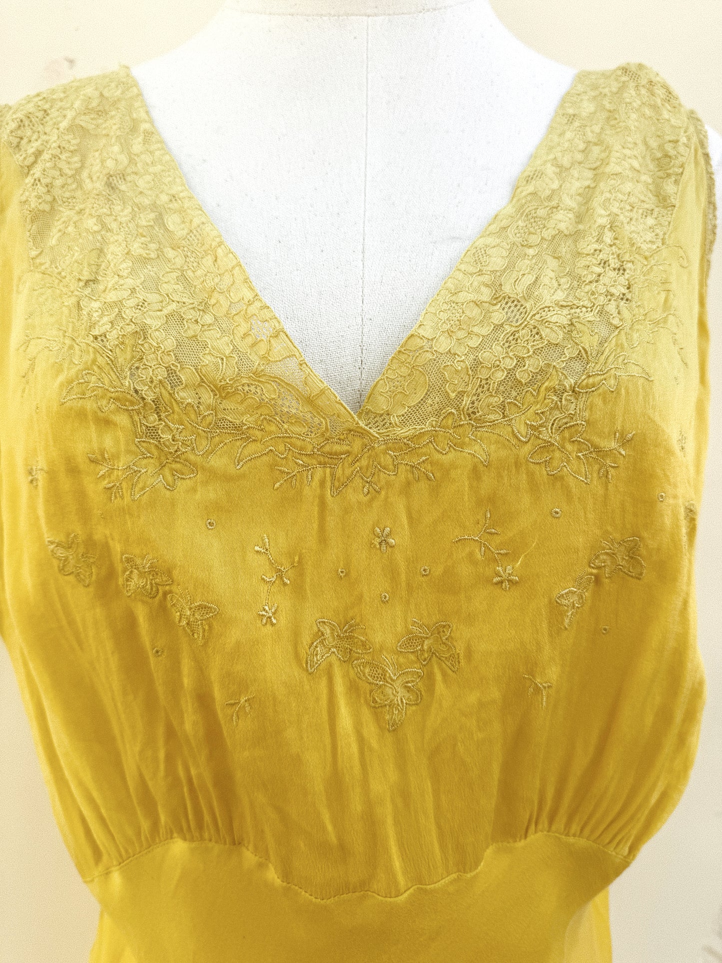 1930s Electric Mustard Silk Slip Dress w/ Floral Lace Inserts- M