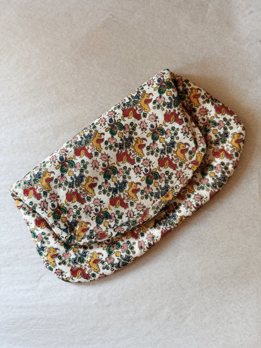 1940s Mythical Unicorn Bark Cloth Clutch w/ Stud Clasp