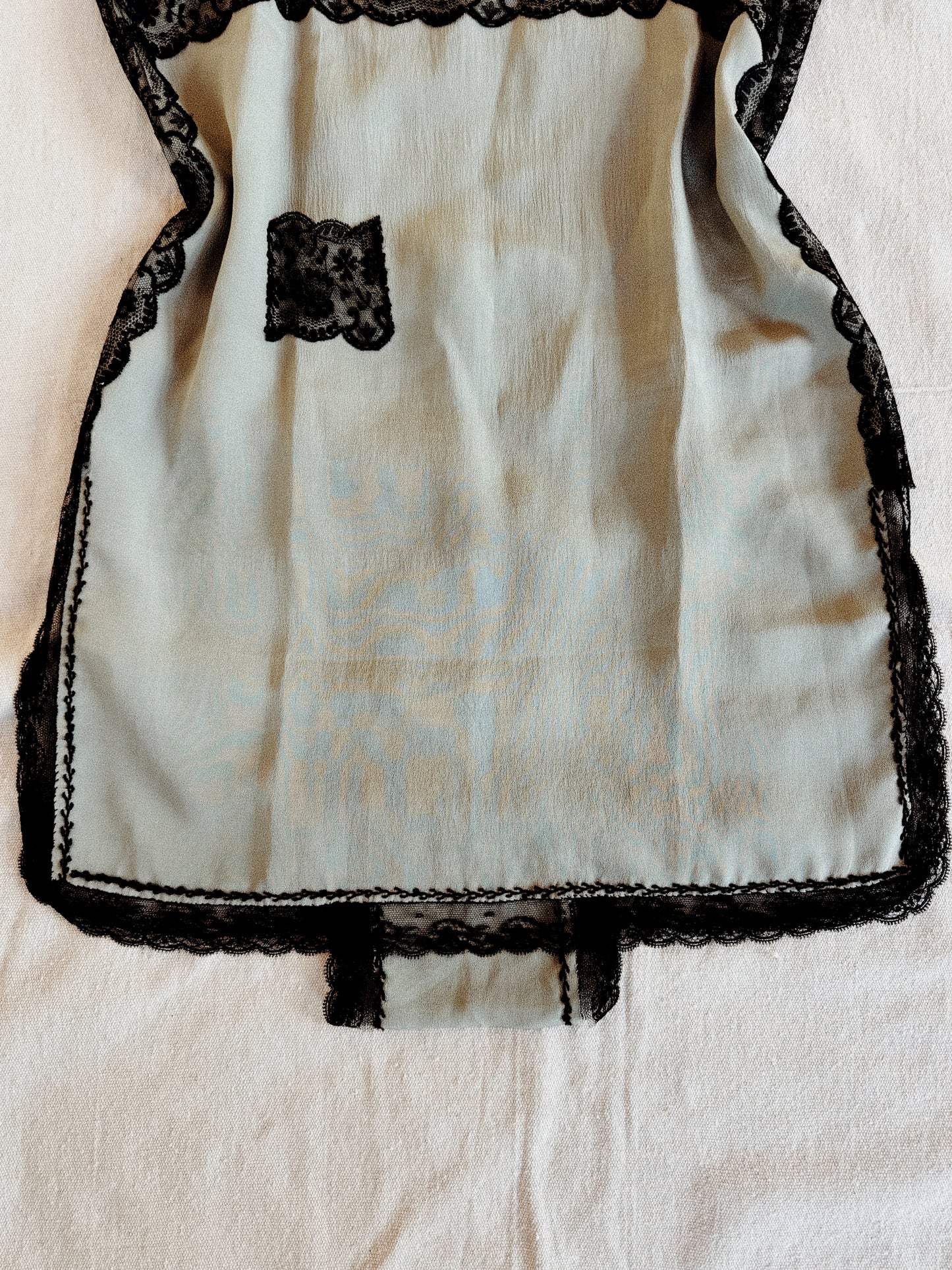 1920s Dove Grey Silk + Black Lace Step-In w/ Red Flower- M/L