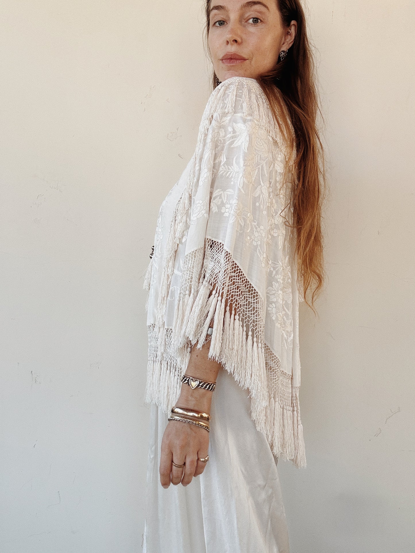 1920s Ivory Cantonese Silk Embroidered Shawl w/ Fringe + Tassels- S-M/L