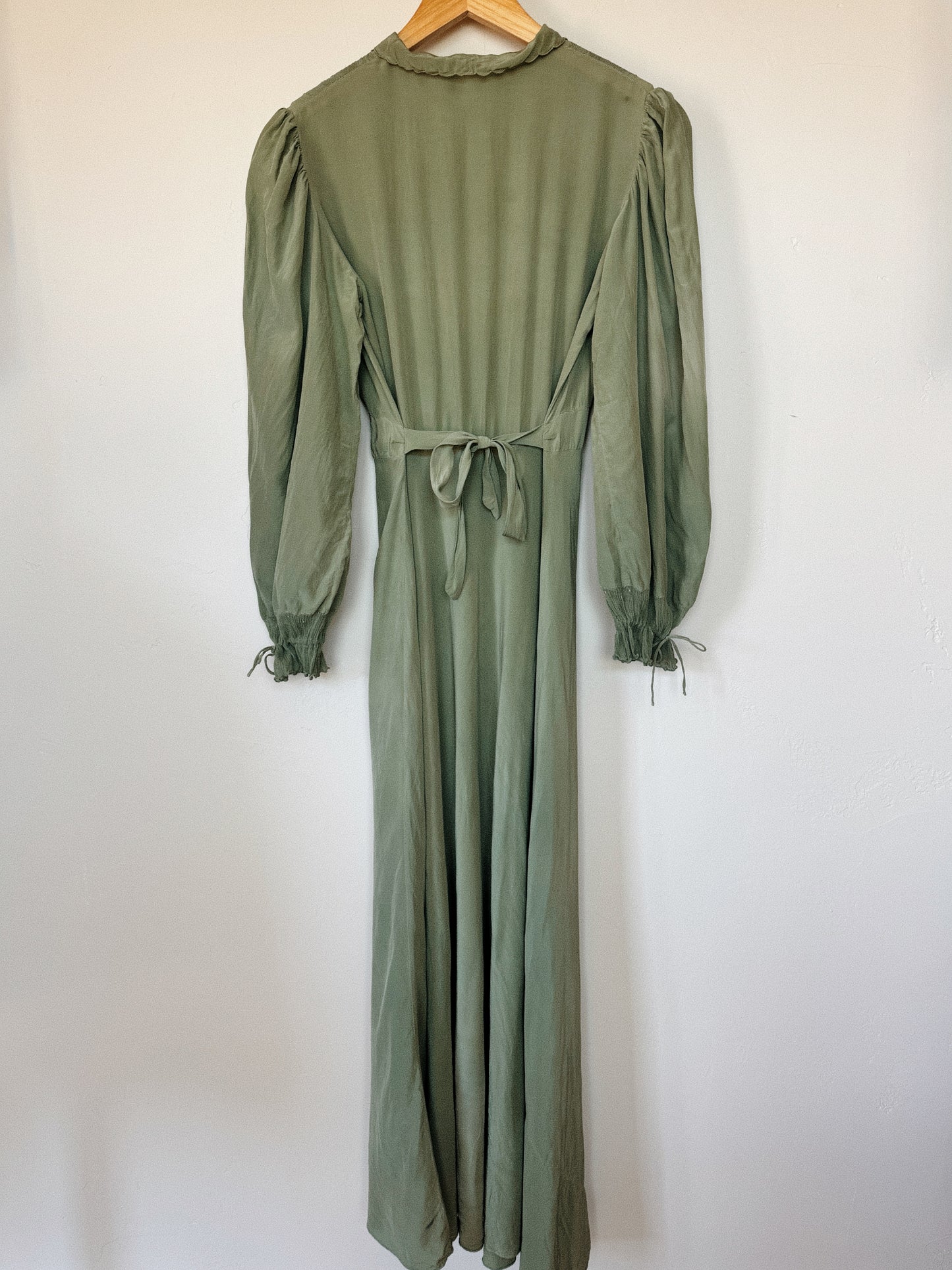 1930s Juniper Green Embroidered Silk Gown w/ Crinkle Chiffon Inserts- S-S/M