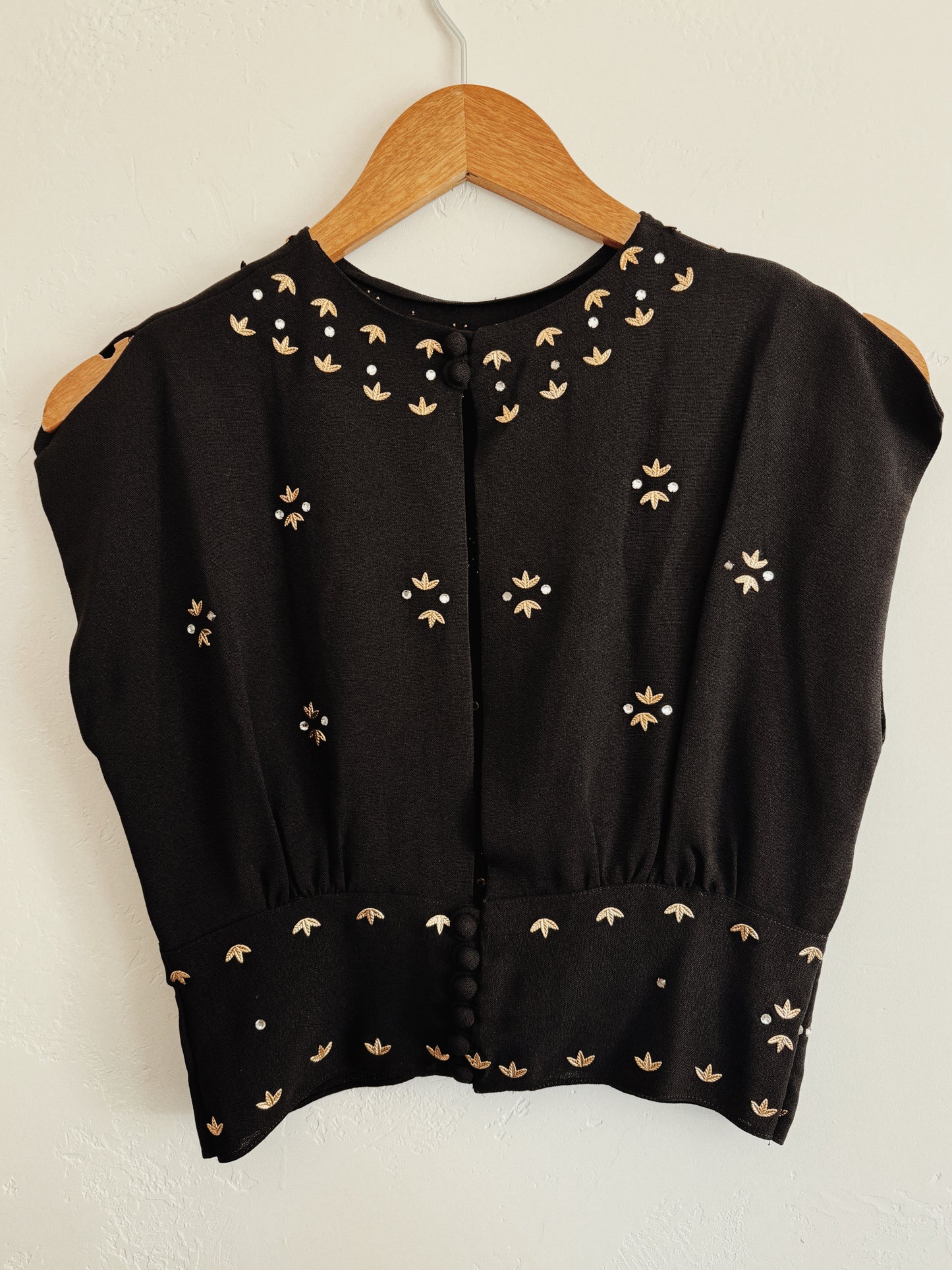 1930s Black Leaf Stud + Rhinestone Cropped Crepe Blouse- S/M